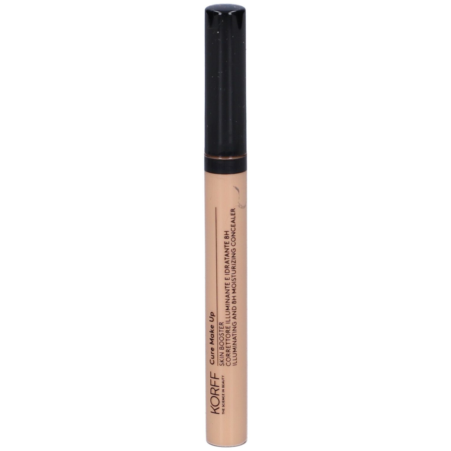 Correttore beige con tappo nero. Scritte: KORFF, Cure Make Up, Skin Booster.