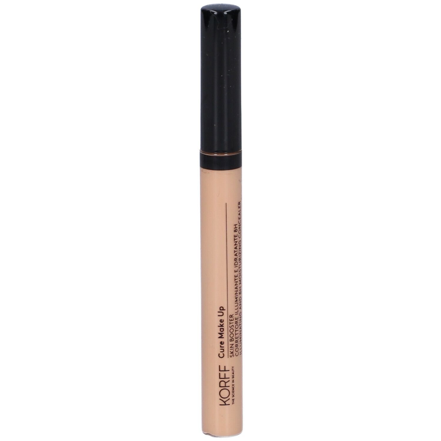 Correttore beige con tappo nero. Scritte: KORFF, Cure Make Up, Skin Booster.