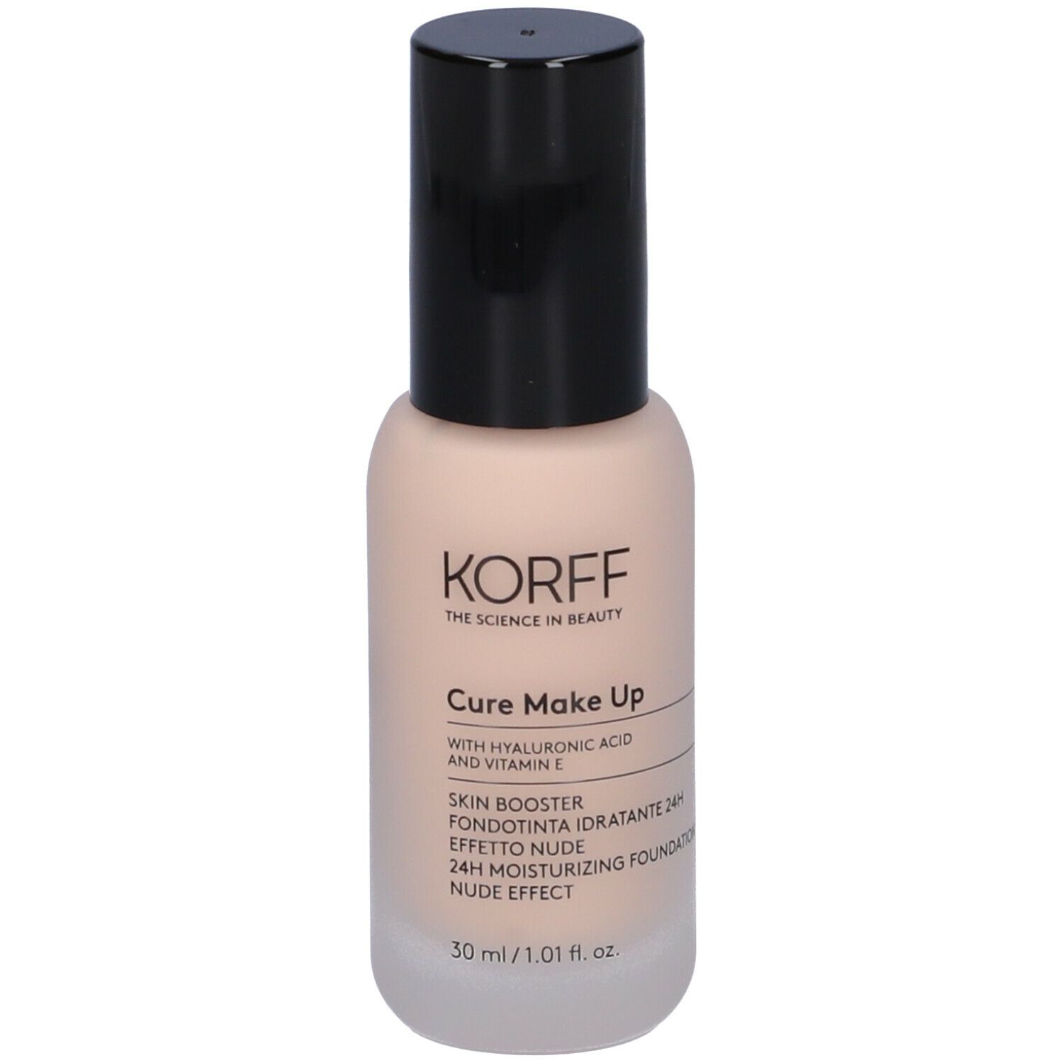 Flacone di fondotinta beige con tappo nero. Scritte: KORFF, Cure Make Up, Skin Booster, 30 ml.