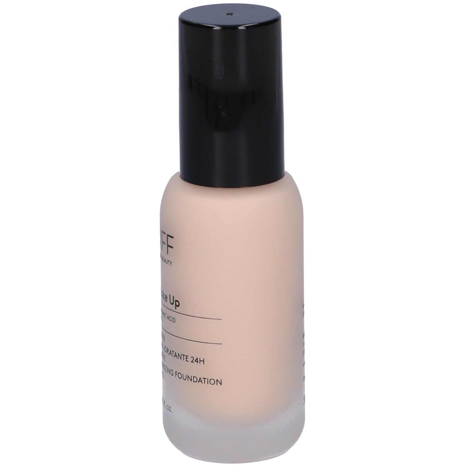 Lato di un flacone di fondotinta beige con tappo nero. Scritte: Cure Make Up, Skin Booster, 24h.