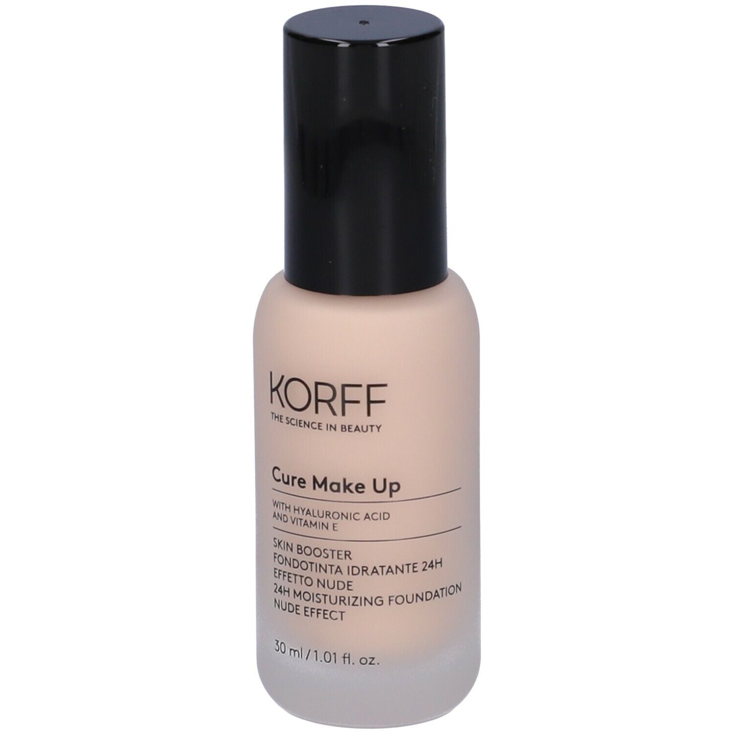 Flacone di fondotinta beige con tappo nero. Scritte: KORFF, Cure Make Up, Skin Booster, 30 ml.