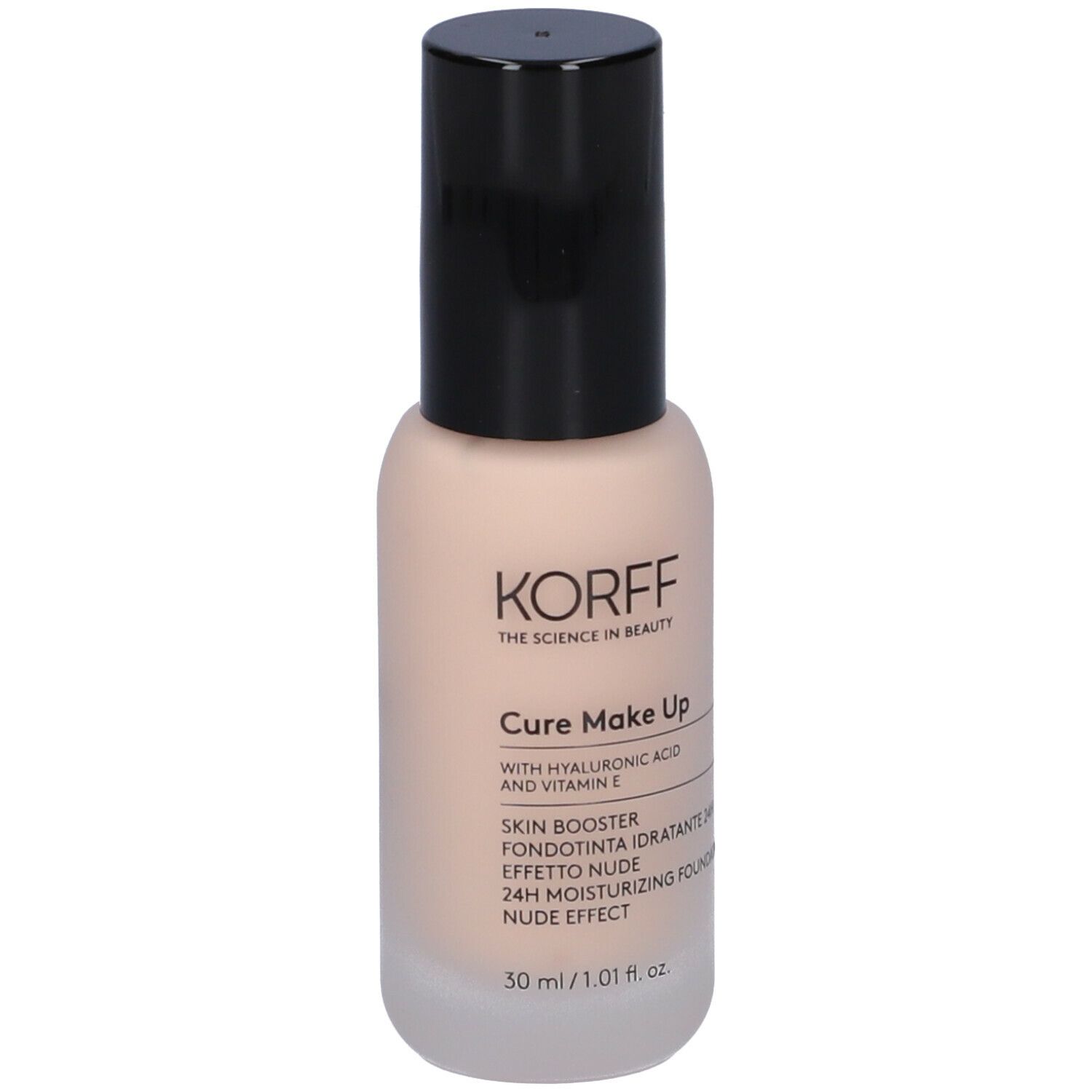 Flacone di fondotinta beige con tappo nero. Scritte: KORFF, Cure Make Up, Skin Booster, 30 ml.