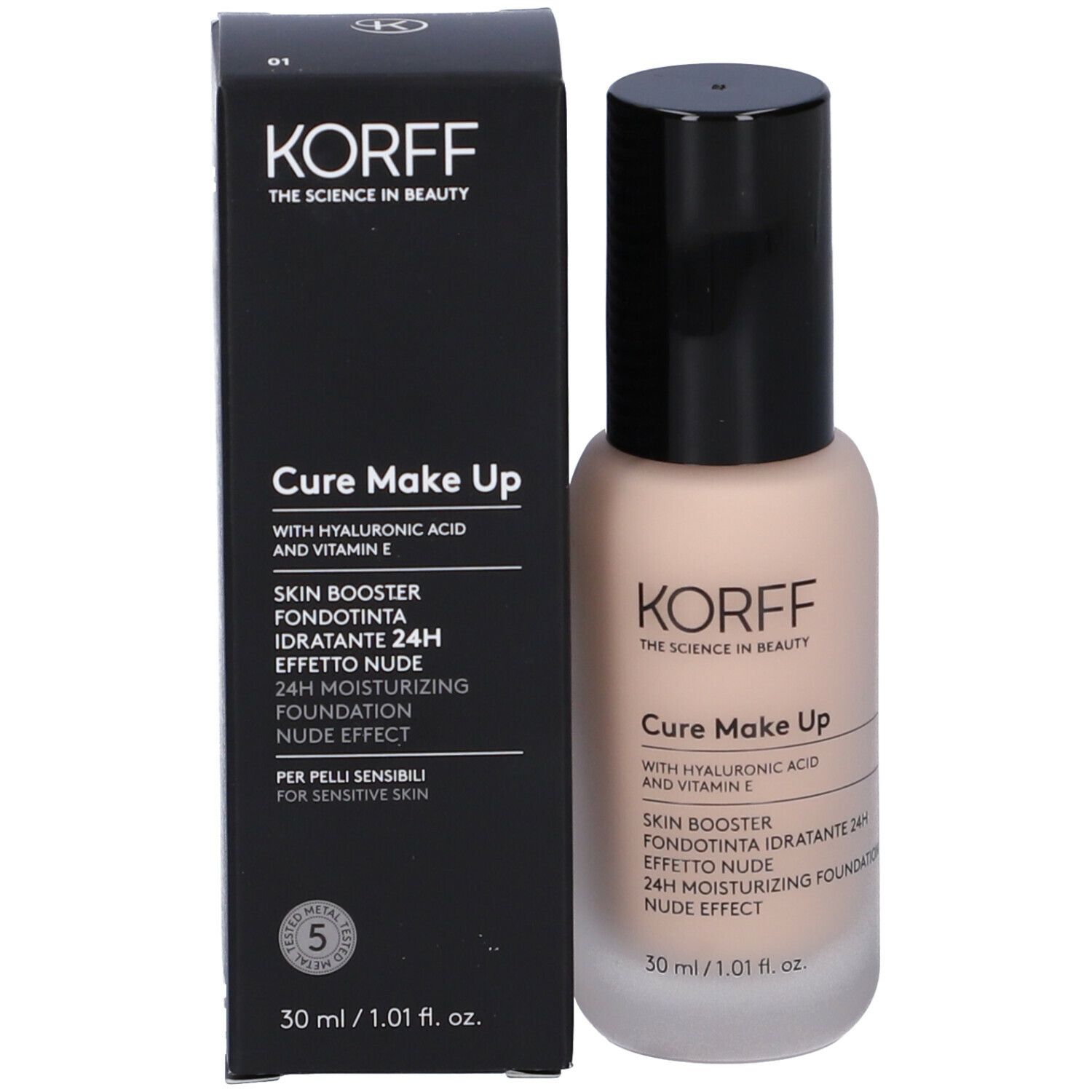 Scatola nera e flacone di fondotinta. Scritte: KORFF, Cure Make Up, Skin Booster, 30 ml.