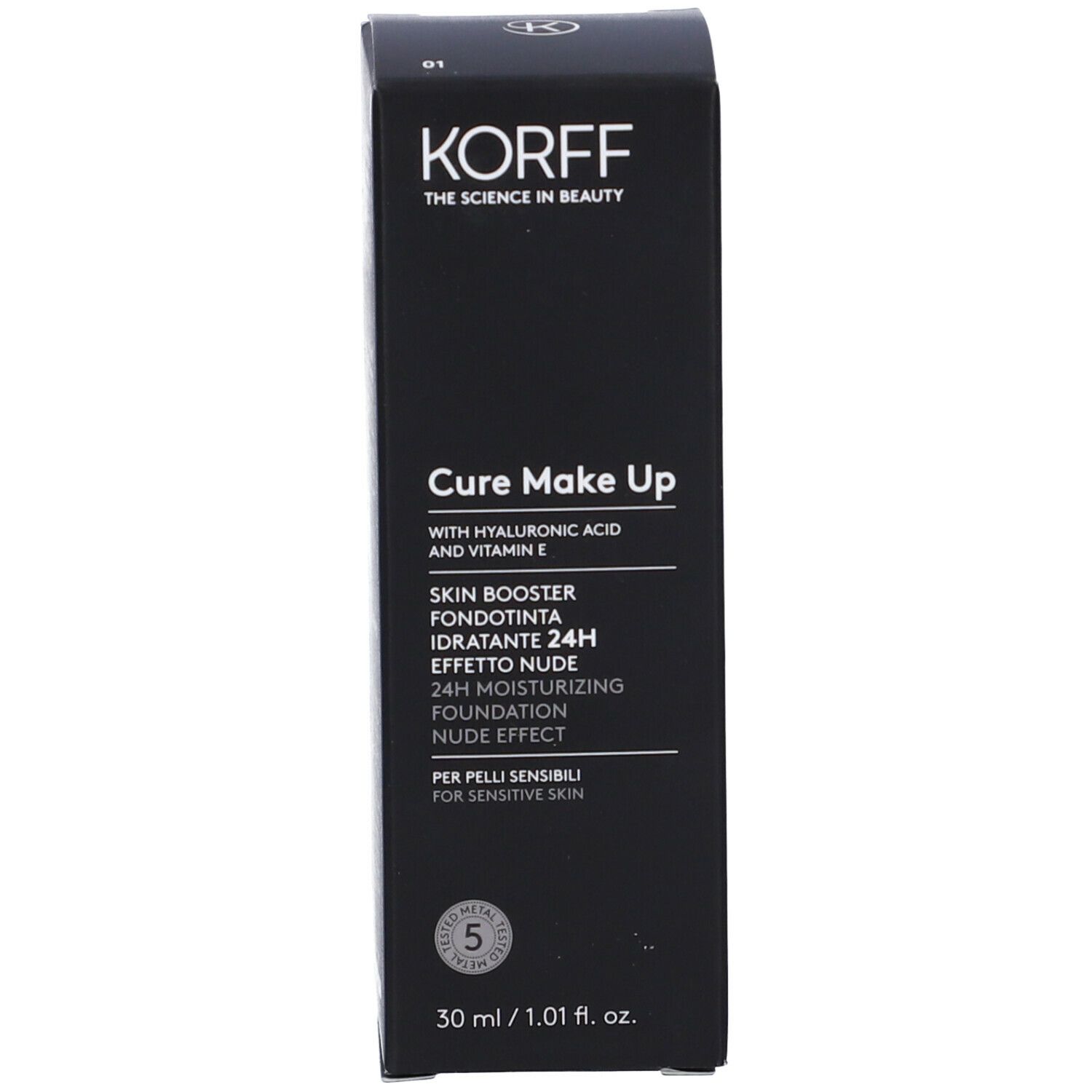 Scatola nera. Scritte: KORFF, Cure Make Up, Skin Booster, 30 ml.