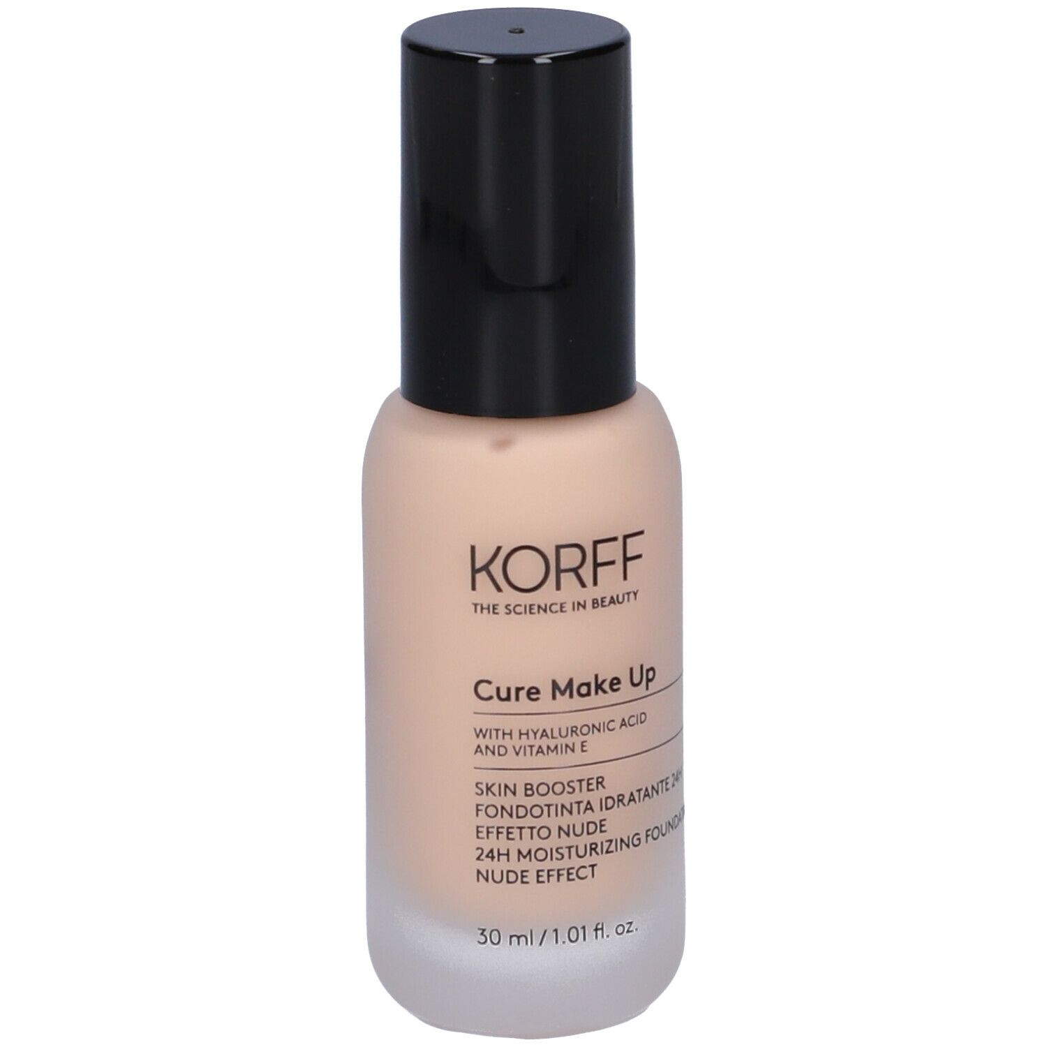 Flacone di fondotinta beige con tappo nero. Scritte: KORFF, Cure Make Up, Skin Booster, 30 ml.