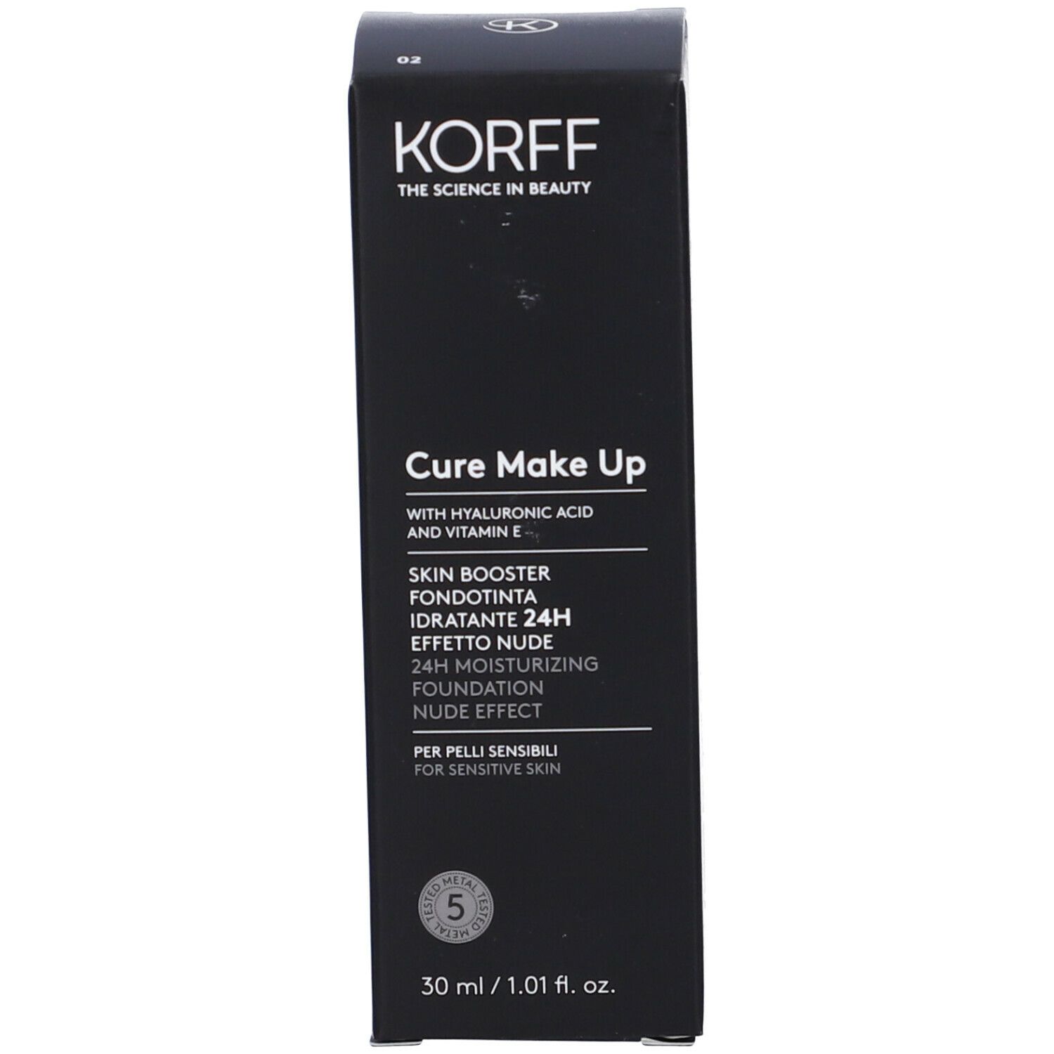 Scatola nera con scritte: KORFF, Cure Make Up, Skin Booster, 30 ml. Per pelli sensibili.