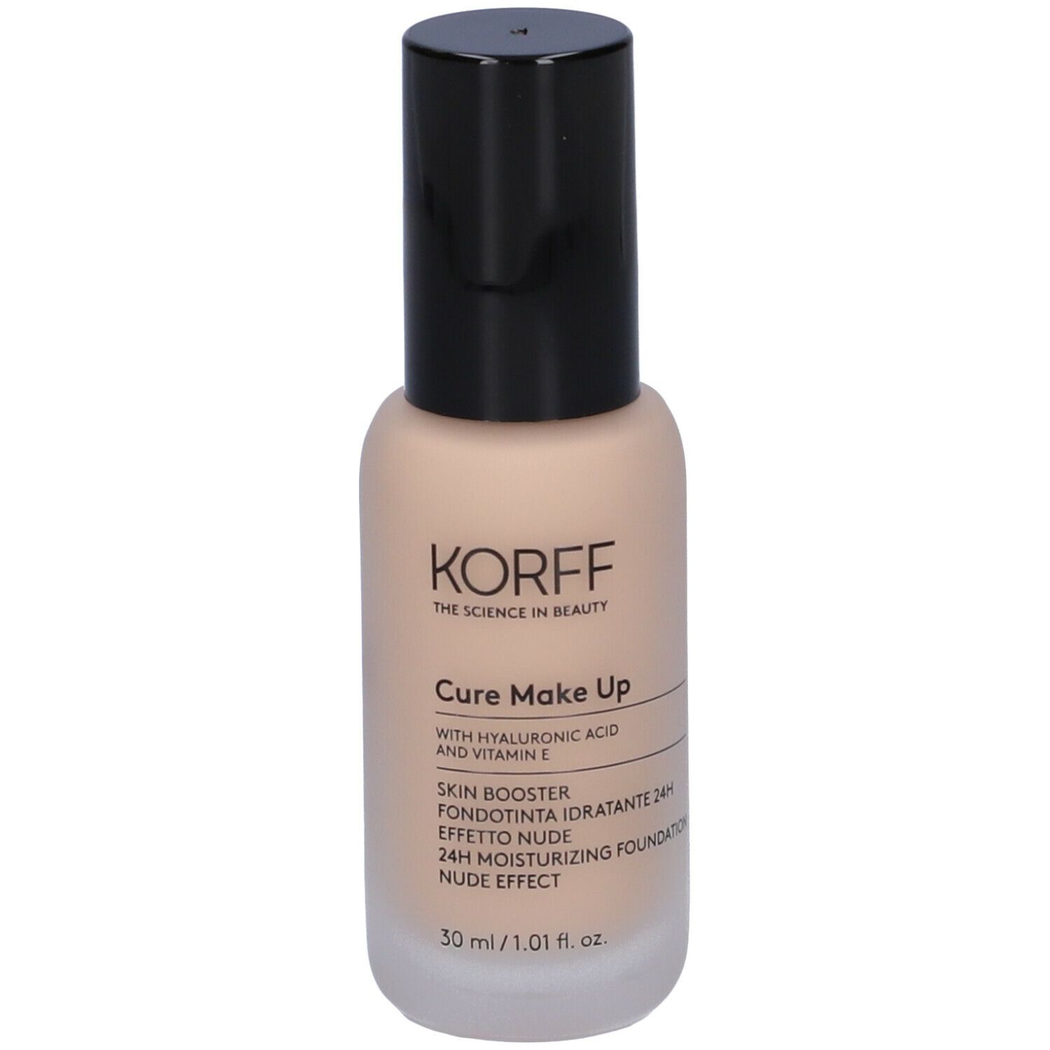 Flacone KORFF Cure Make Up. Tappo nero. Contiene acido ialuronico e vitamina E. 30 ml.