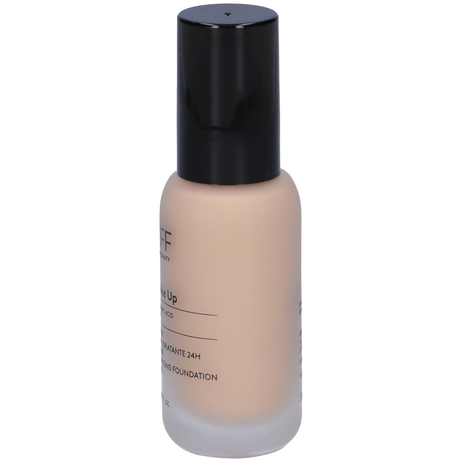 Flacone KORFF Cure Make Up. Lato con testo. Contiene acido ialuronico e vitamina E.