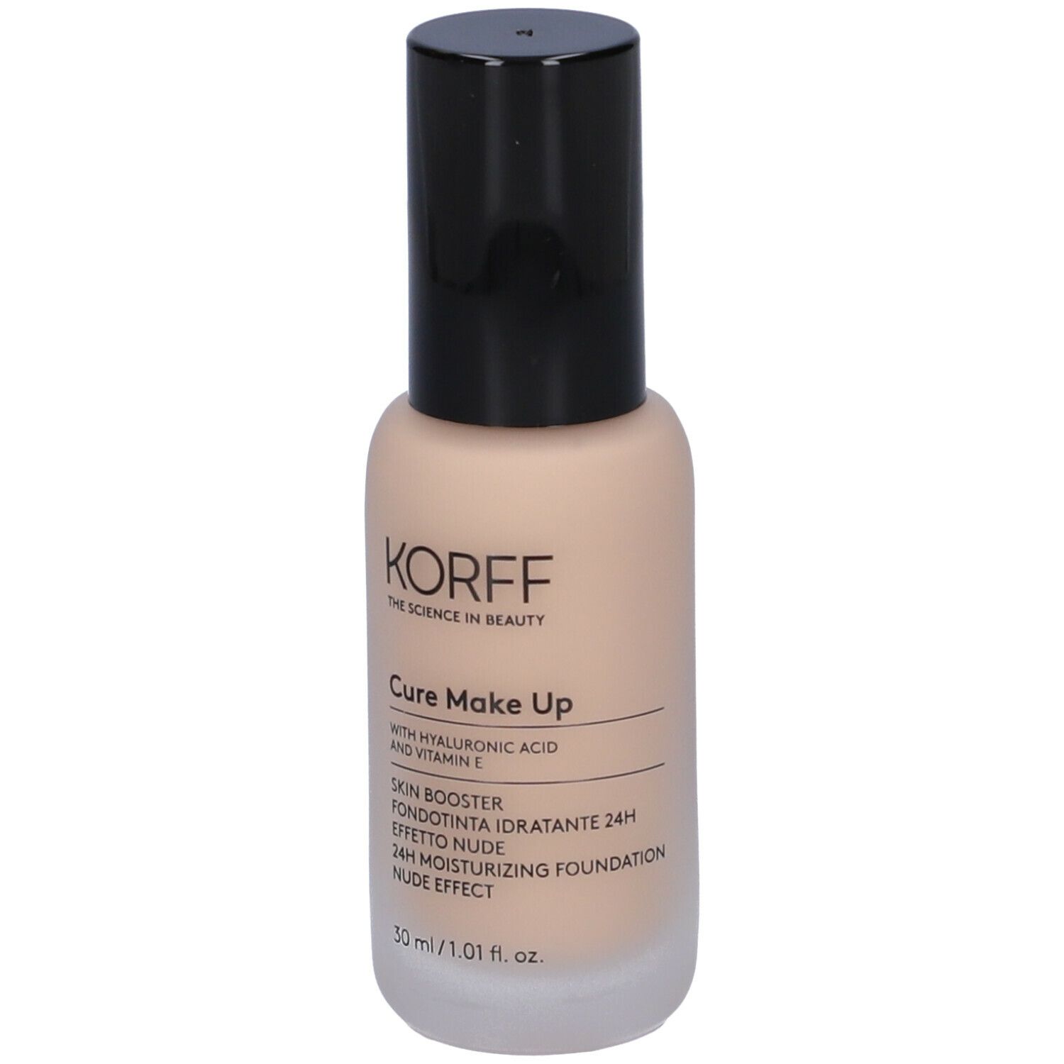Flacone KORFF Cure Make Up. Tappo nero. Contiene acido ialuronico e vitamina E. 30 ml.