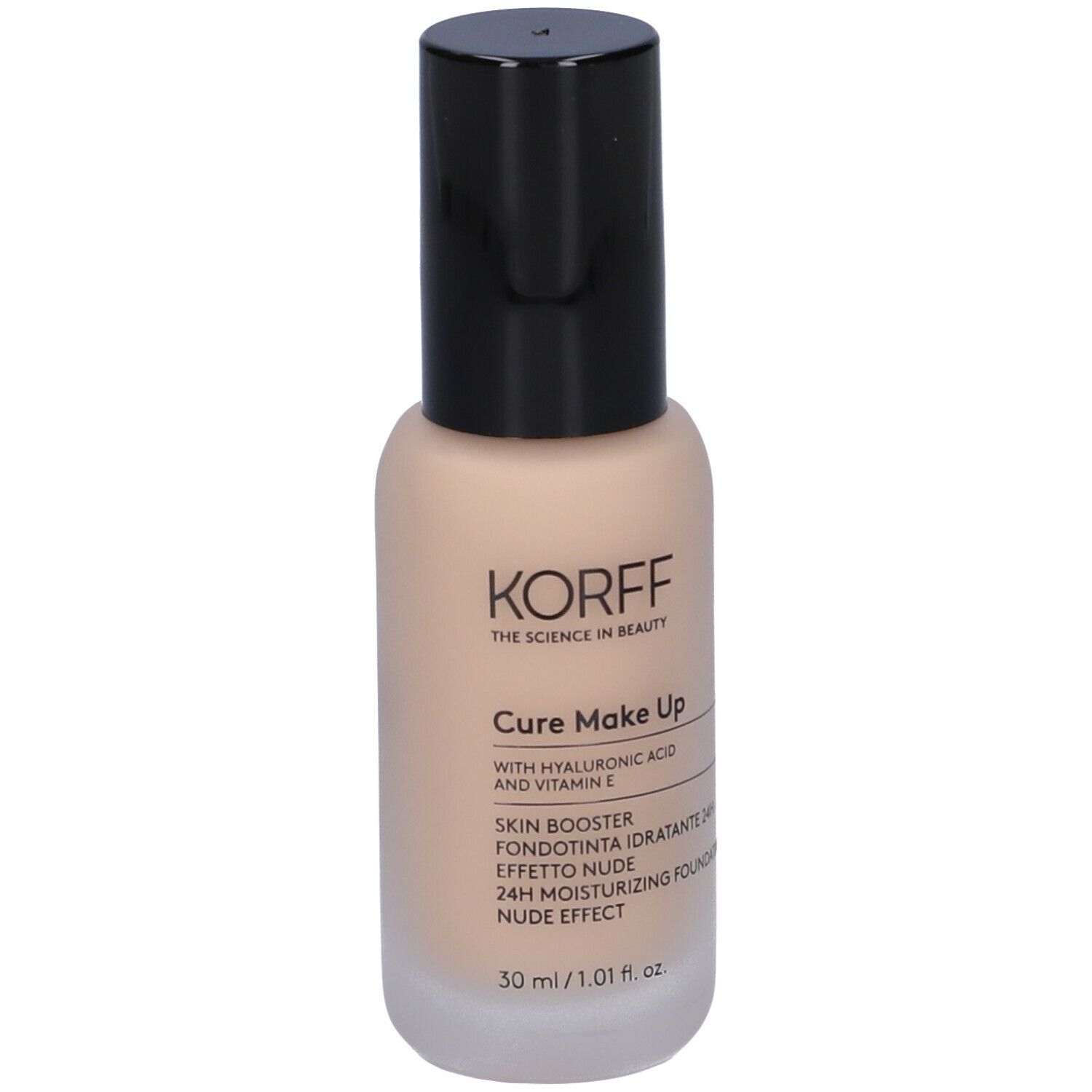 Flacone KORFF Cure Make Up. Tappo nero. Contiene acido ialuronico e vitamina E. 30 ml.