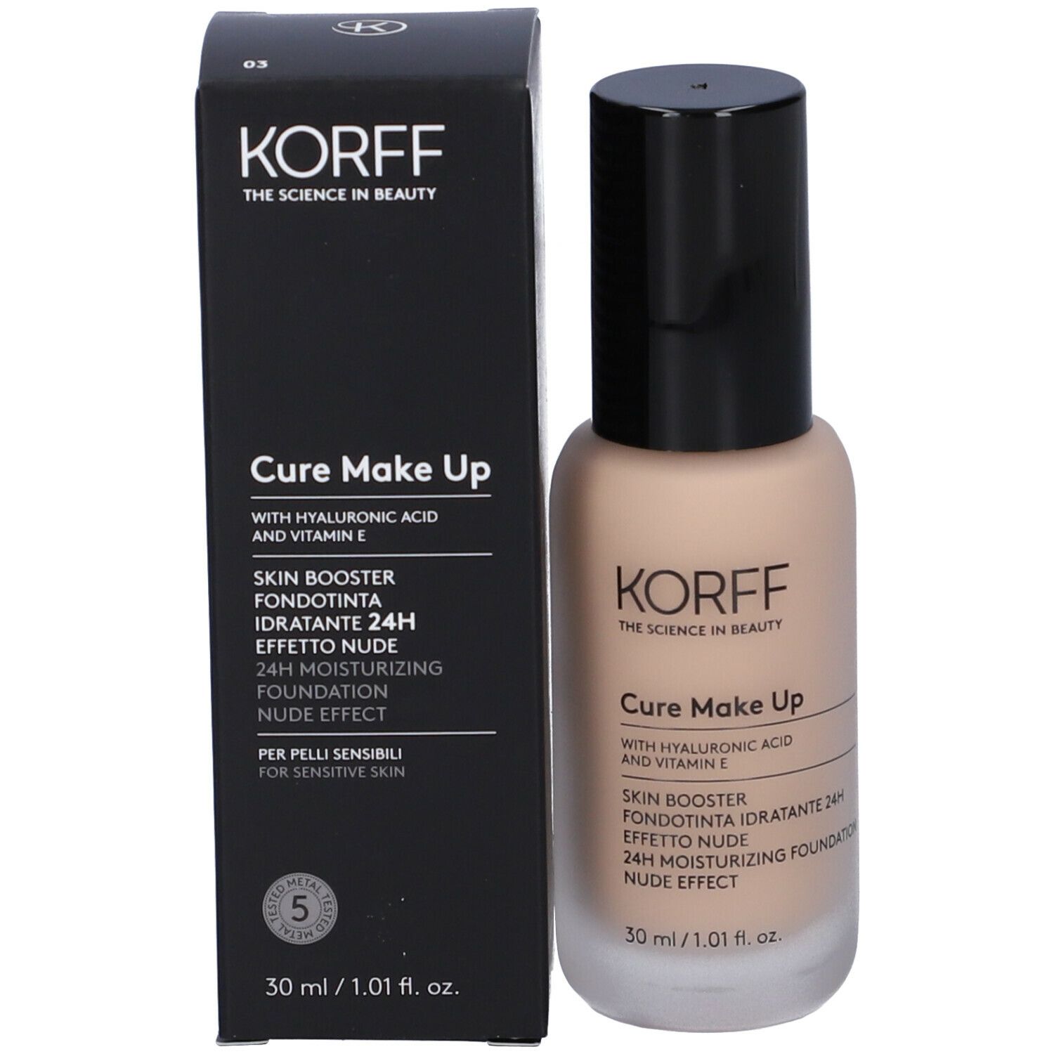 Flacone e confezione KORFF Cure Make Up. Tappo nero. 30 ml. Per pelli sensibili.