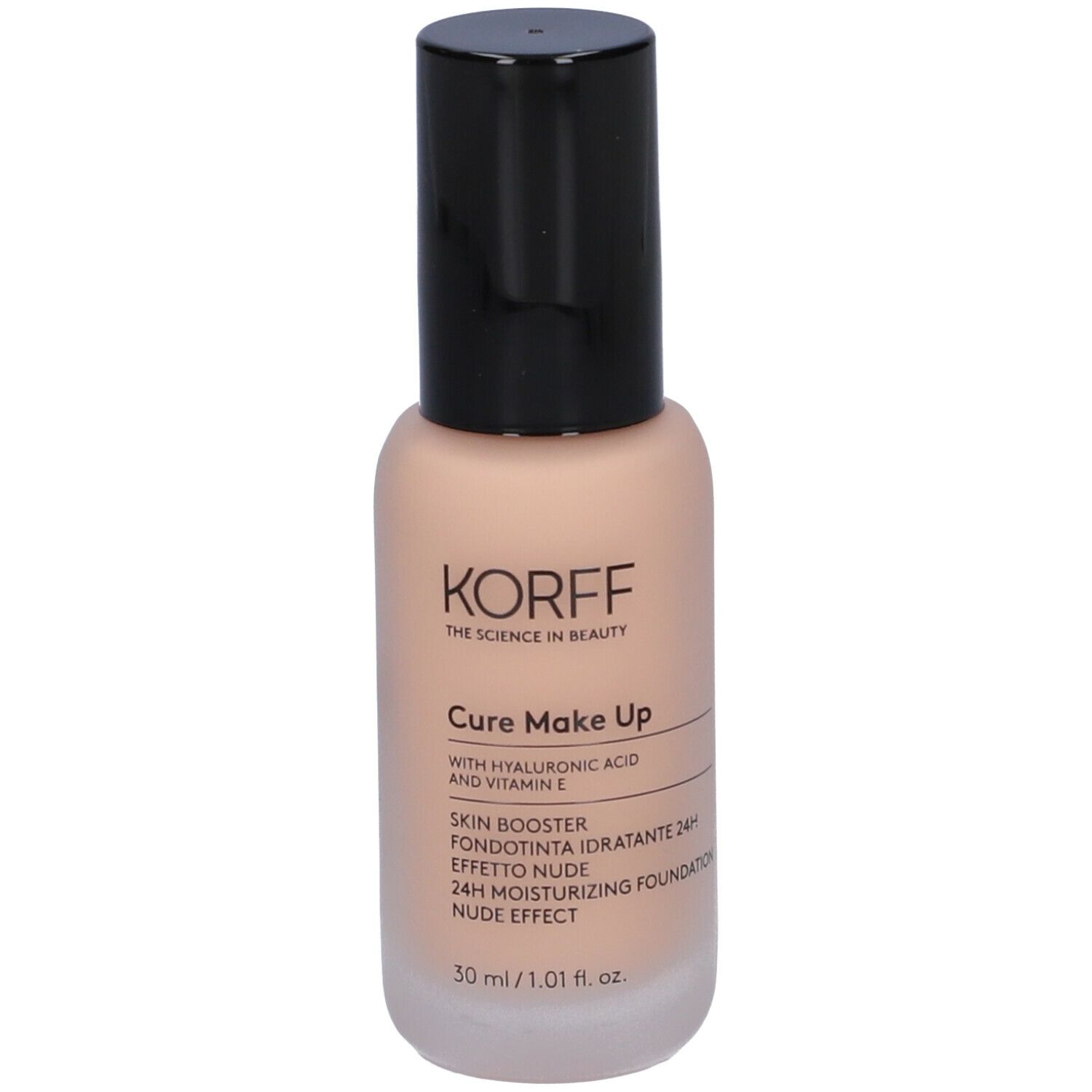 Fondotinta KORFF Skin Booster, flacone beige con tappo nero. Scritte Cure Make Up, Skin Booster, Effetto Nude. 30 ml.