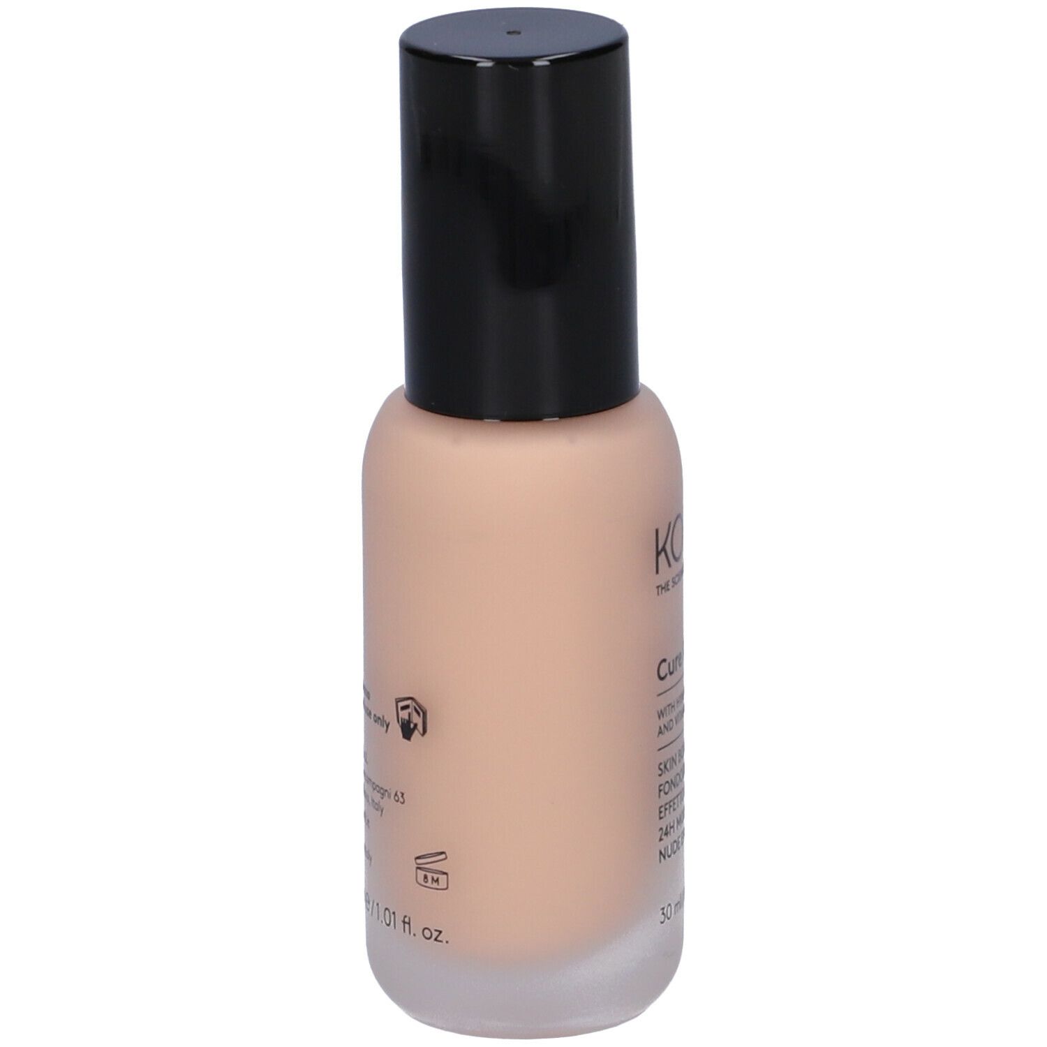 Flacone di fondotinta KORFF, beige con tappo nero. Scritte sul lato. 30 ml. Uso esterno.