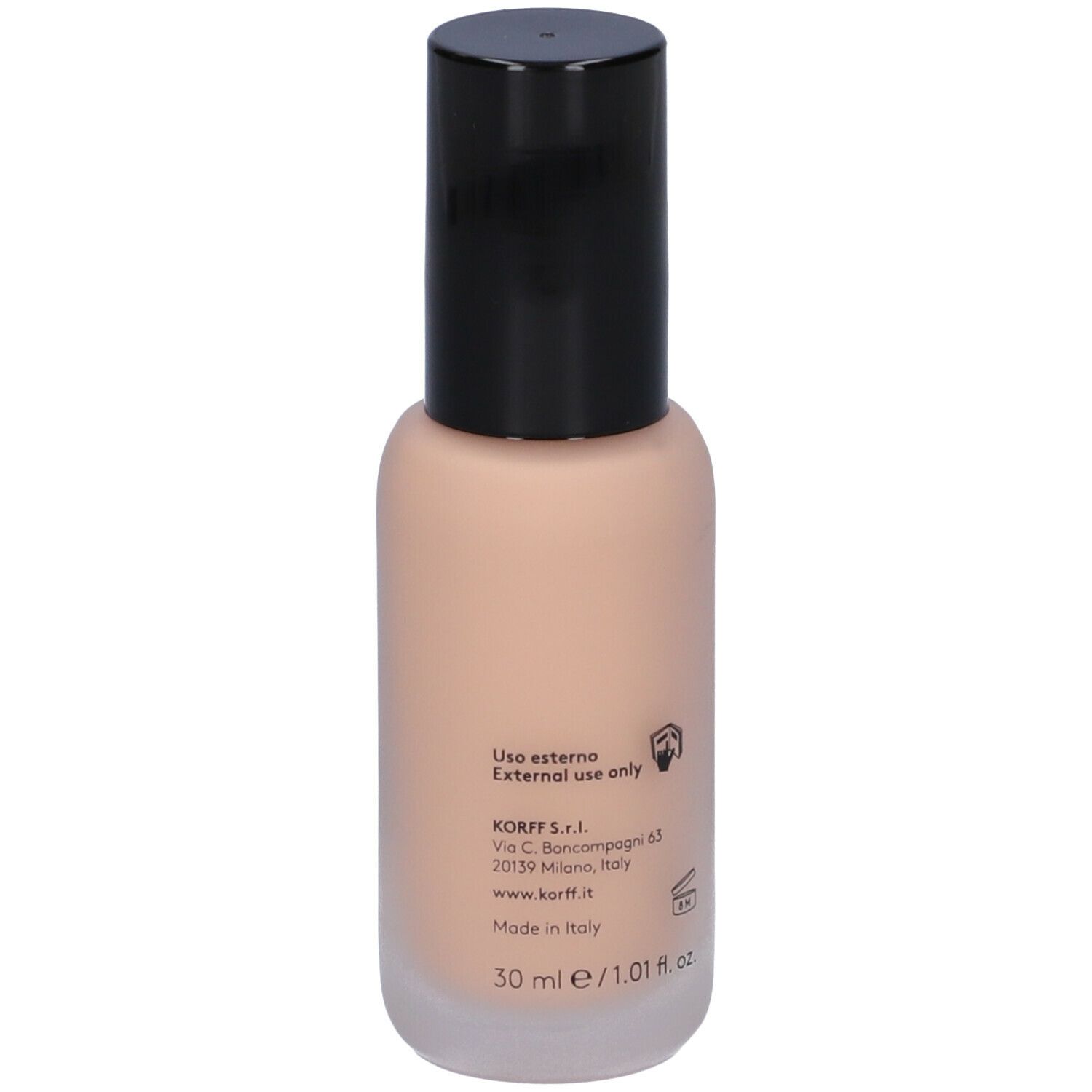 Flacone di fondotinta KORFF, beige con tappo nero. Scritte sul retro. 30 ml. Made in Italy.