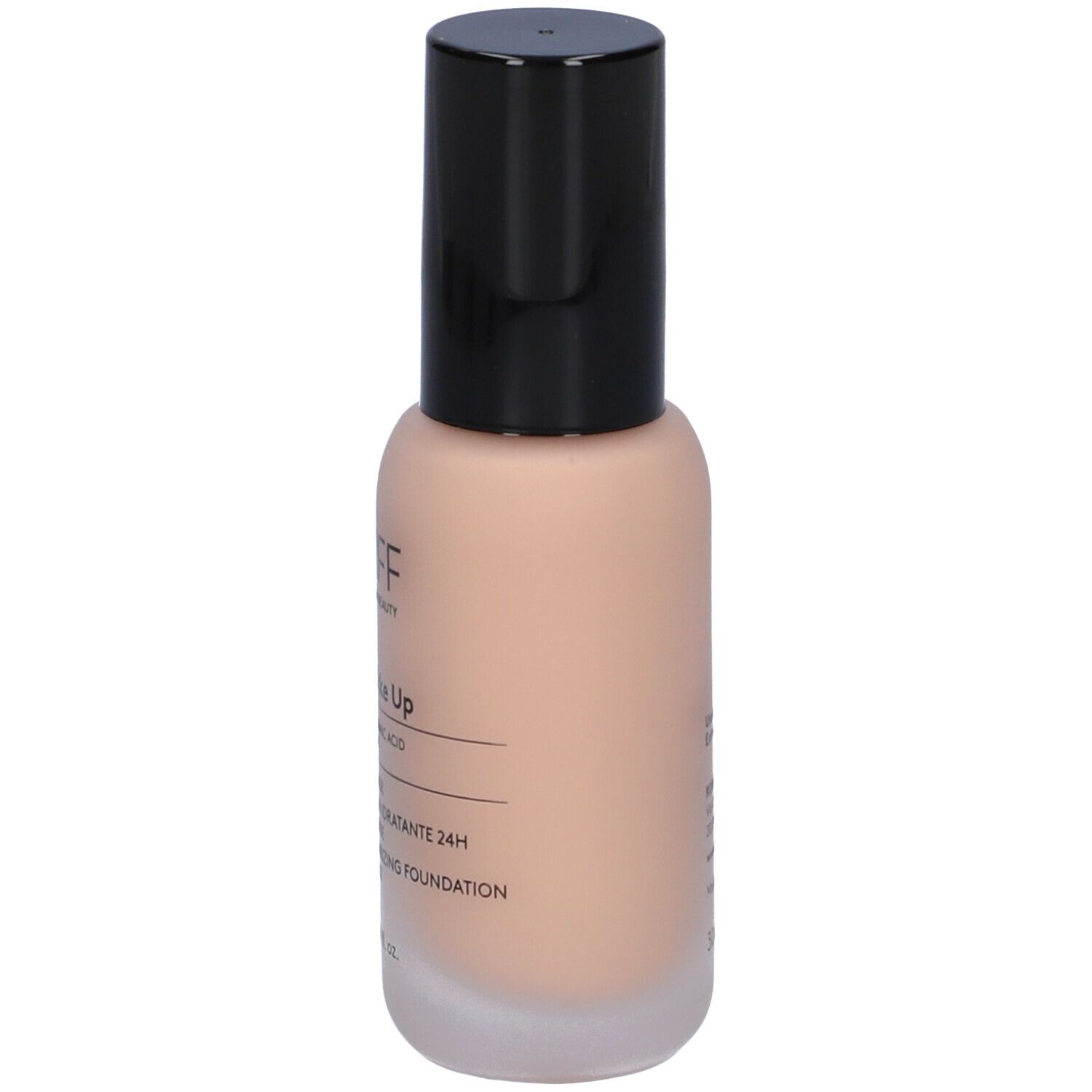 Flacone di fondotinta KORFF, beige con tappo nero. Scritte sul lato. 30 ml. Cure Make Up.