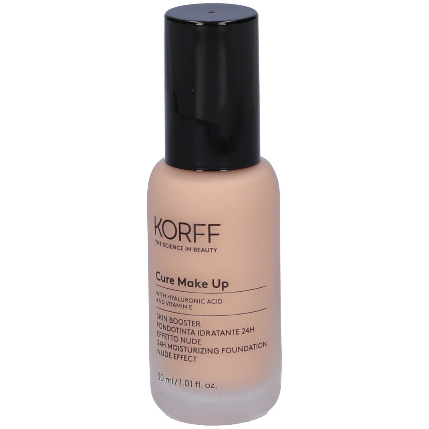 Flacone di fondotinta KORFF, beige con tappo nero. Scritte Cure Make Up, Skin Booster, Effetto Nude. 30 ml.