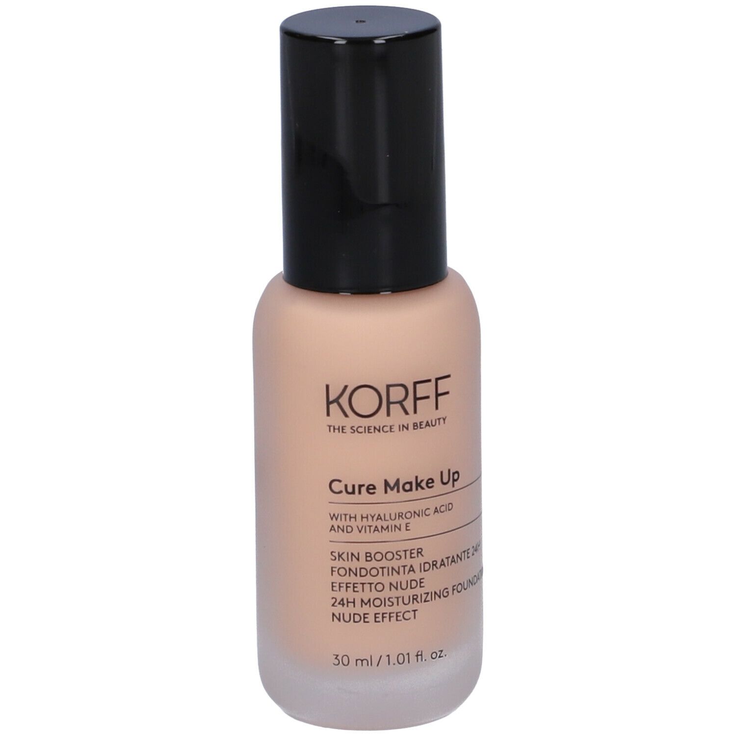 Flacone di fondotinta KORFF, beige con tappo nero. Scritte Cure Make Up, Skin Booster, Effetto Nude. 30 ml.