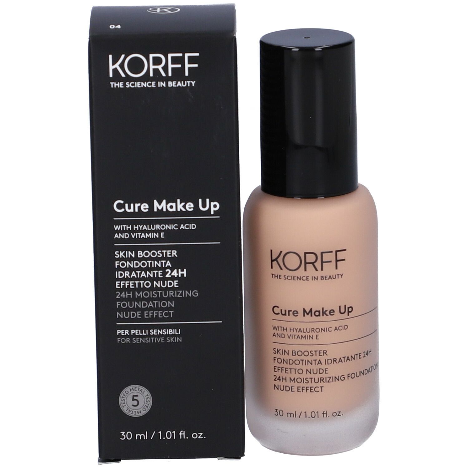 Fondotinta KORFF e confezione. Scatola nera con scritte. Flacone beige e tappo nero. 30 ml.