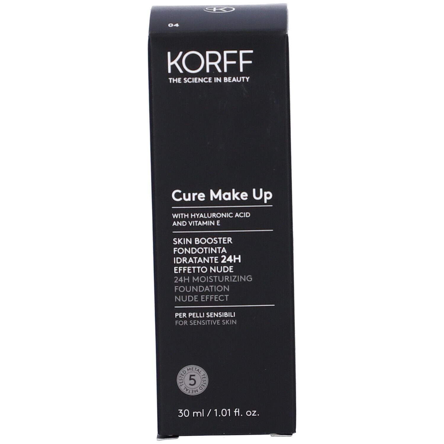Confezione nera di fondotinta KORFF. Scritte. 30 ml. Per pelli sensibili.