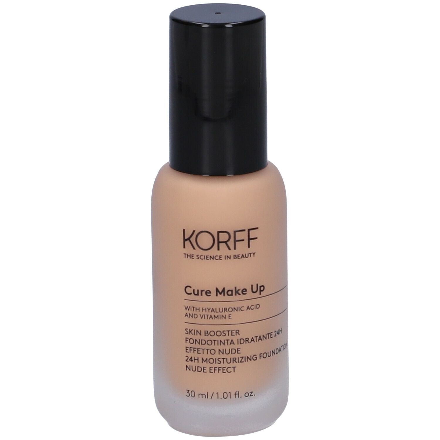 KORFF Skin Booster Fondotinta Idratante 24h Effetto Nude. Flacone beige con tappo nero. Informazioni sul prodotto sul flacone.