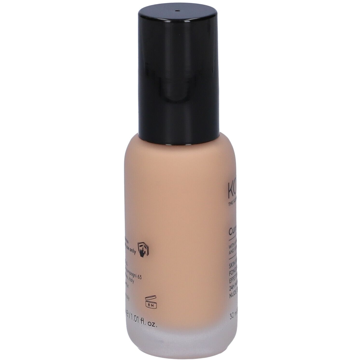 KORFF Skin Booster Fondotinta Idratante 24h Effetto Nude. Retro del flacone con informazioni sul prodotto e loghi.