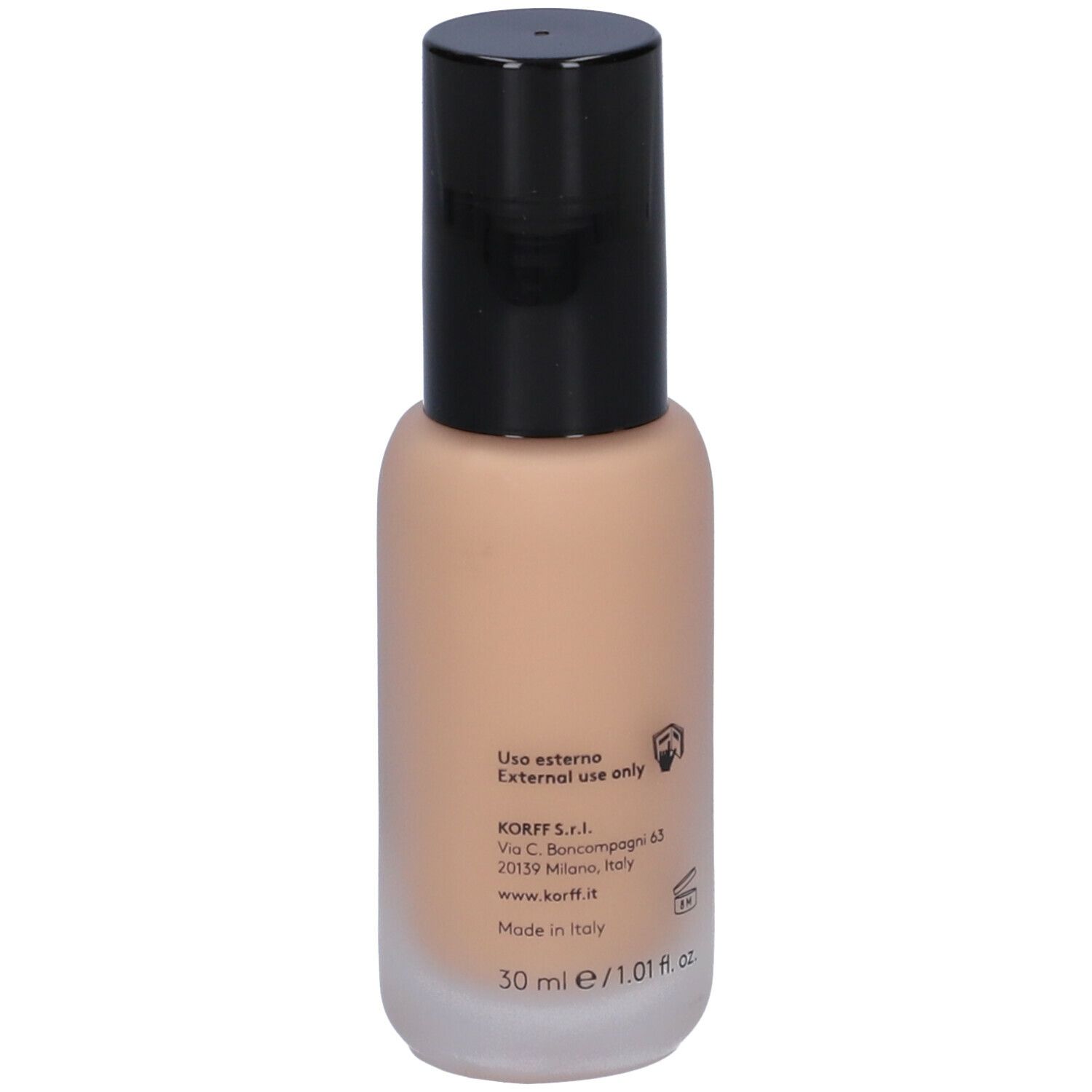 KORFF Skin Booster Fondotinta Idratante 24h Effetto Nude. Retro del flacone con informazioni sul prodotto, indirizzo e logo.