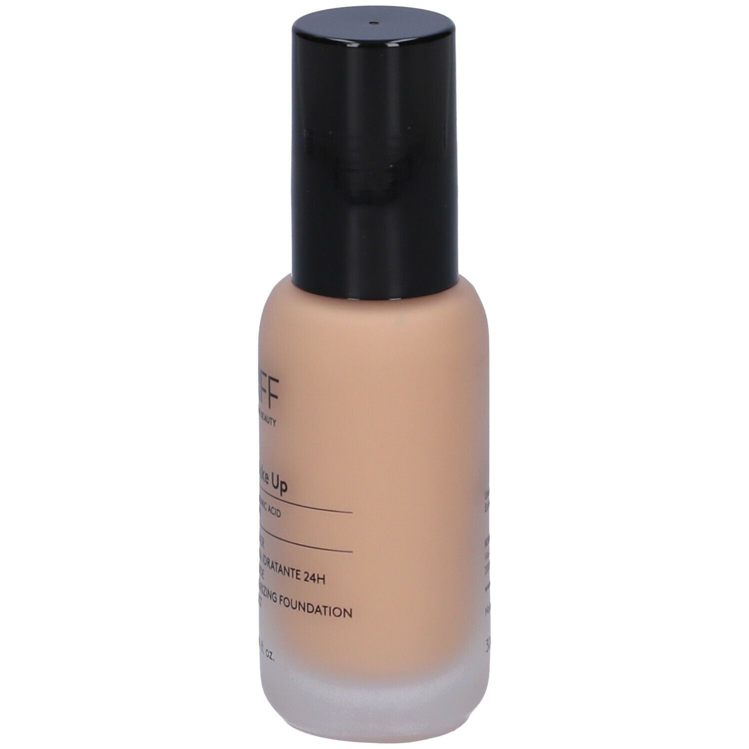 KORFF Skin Booster Fondotinta Idratante 24h Effetto Nude. Flacone con informazioni sul prodotto, tappo nero e liquido beige.
