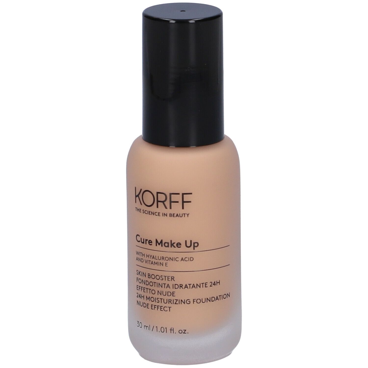 KORFF Skin Booster Fondotinta Idratante 24h Effetto Nude. Flacone con informazioni sul prodotto, tappo nero e liquido beige.