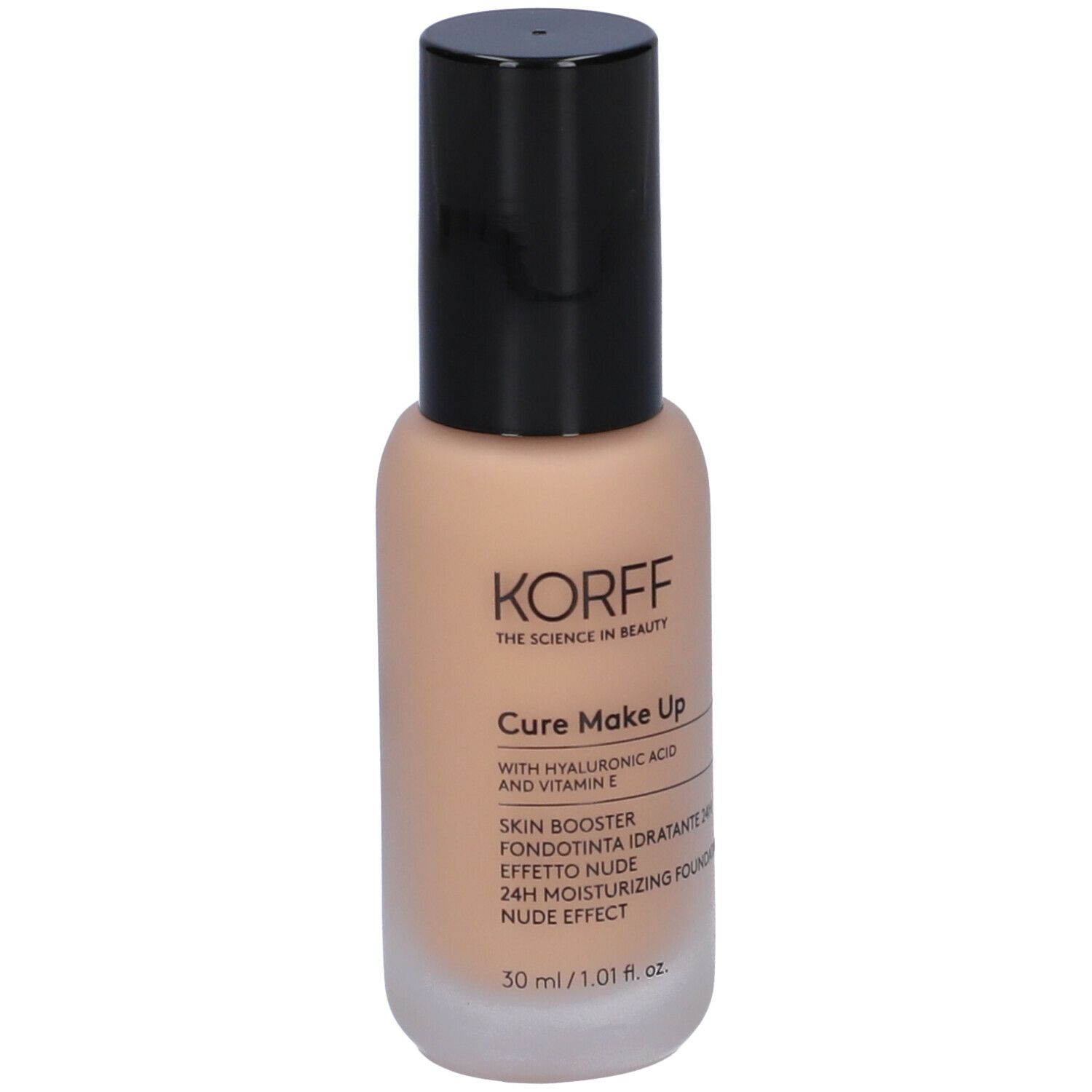 KORFF Skin Booster Fondotinta Idratante 24h Effetto Nude. Flacone con informazioni sul prodotto, tappo nero e liquido beige.