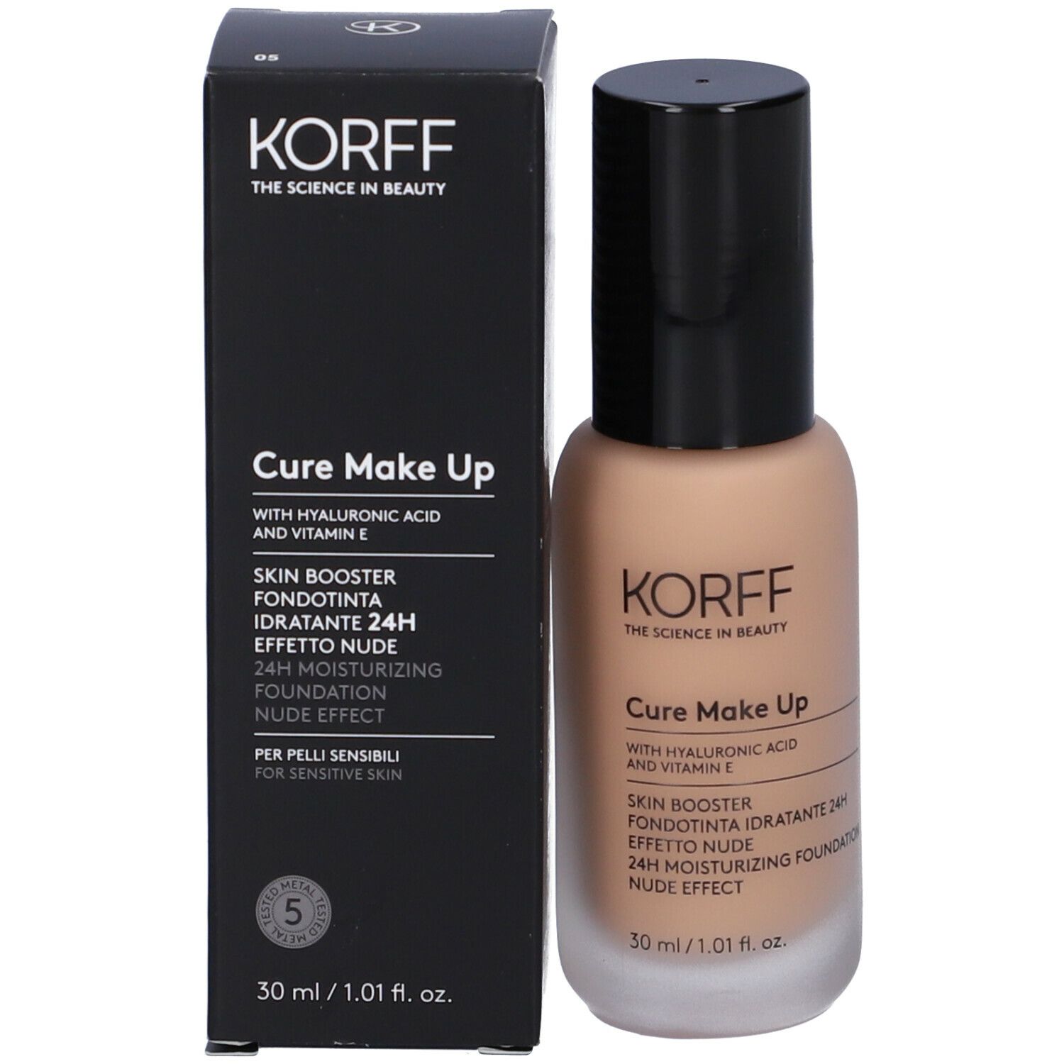 KORFF Skin Booster Fondotinta Idratante 24h Effetto Nude. Flacone e confezione. Confezione nera con informazioni sul prodotto.