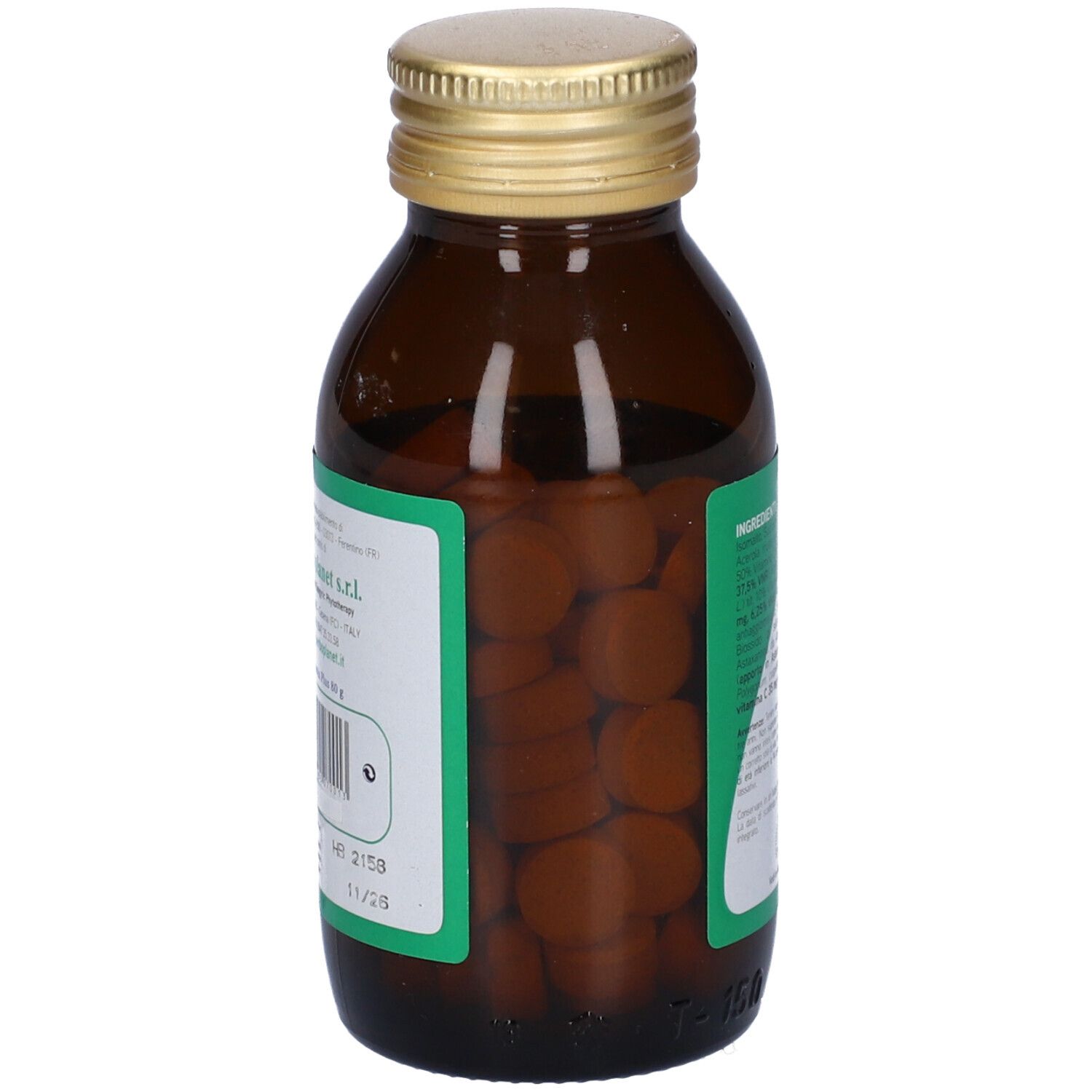 Braune Glasflasche mit goldfarbenem Deckel. Tabletten sichtbar. Etikett mit Text.