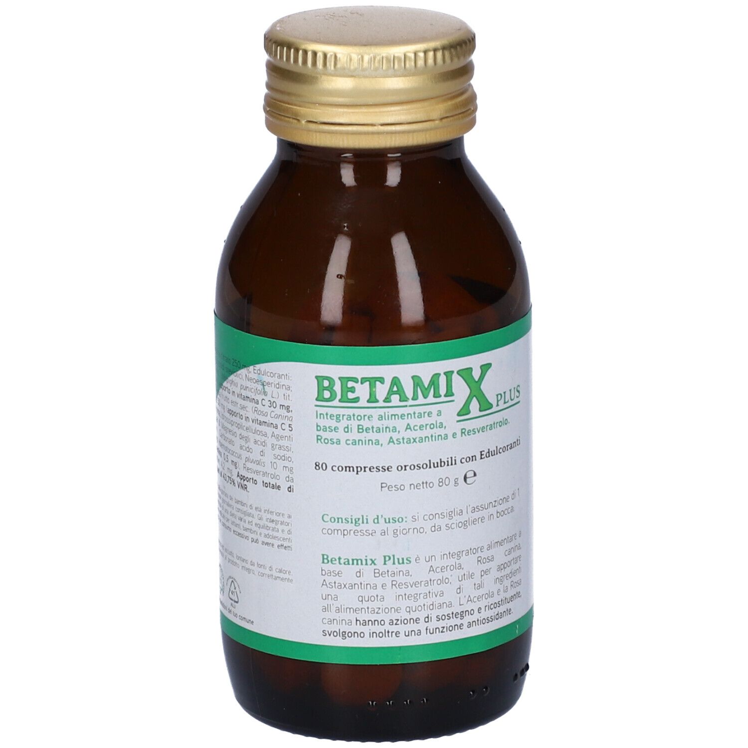 Braune Glasflasche mit goldfarbenem Deckel. Etikett mit grünem Streifen und Text: Betamix Plus, 60 Tabletten.