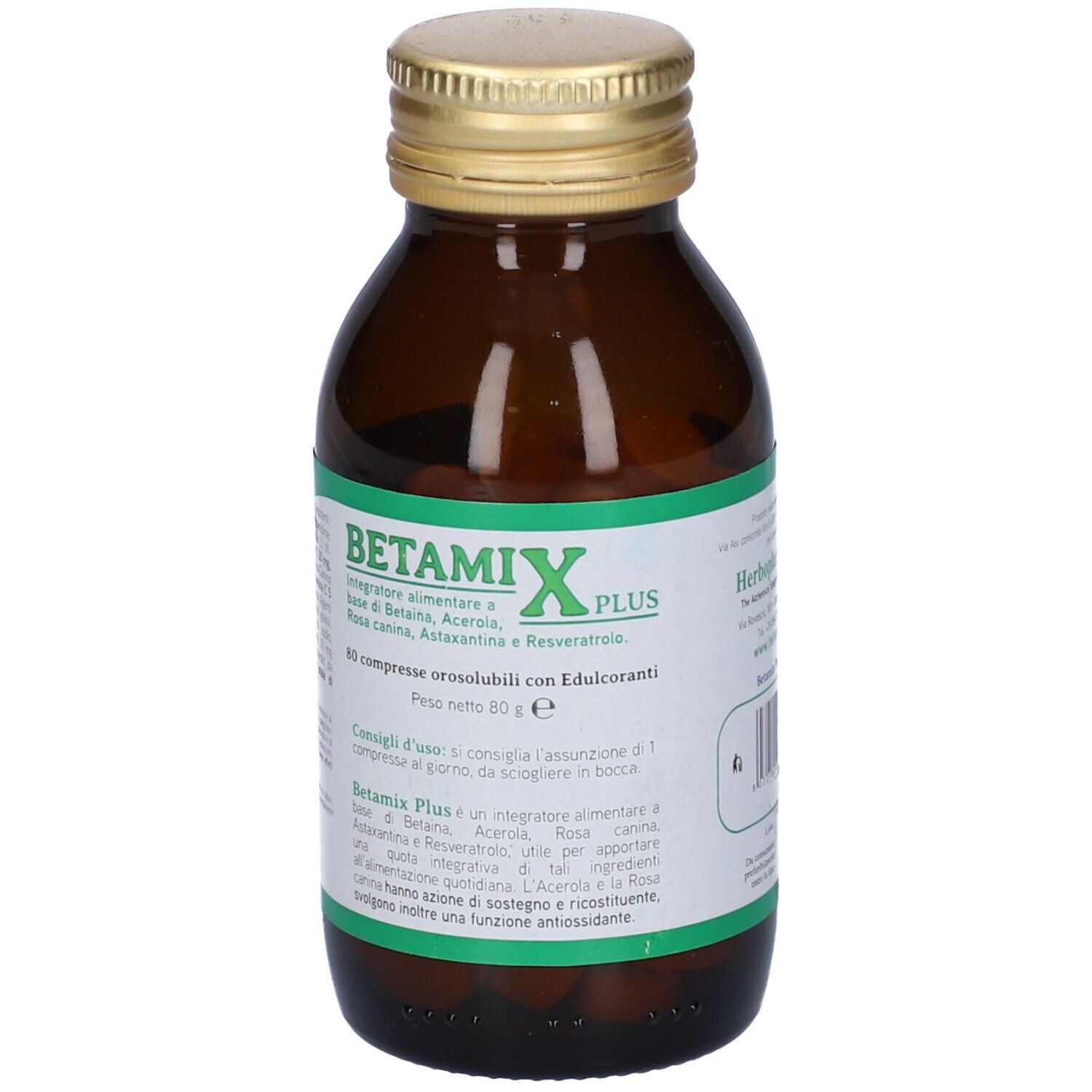 Braune Glasflasche mit goldfarbenem Deckel. Etikett mit grünem Streifen und Text: Betamix Plus, 60 Tabletten.
