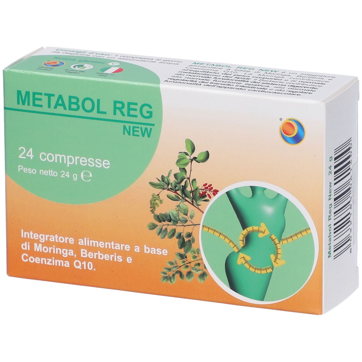 Scatola "METABOL REG NEW" con 24 compresse. Illustrazione di un corpo con un metro.