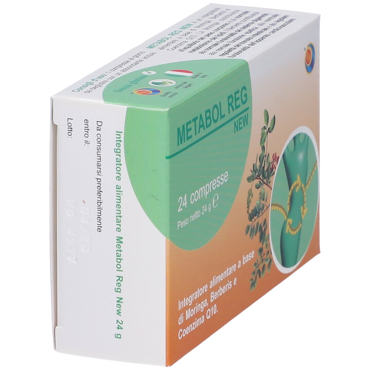 Vista obliqua della confezione "METABOL REG NEW". Testo: 24 compresse. Illustrazione di un corpo con un metro.