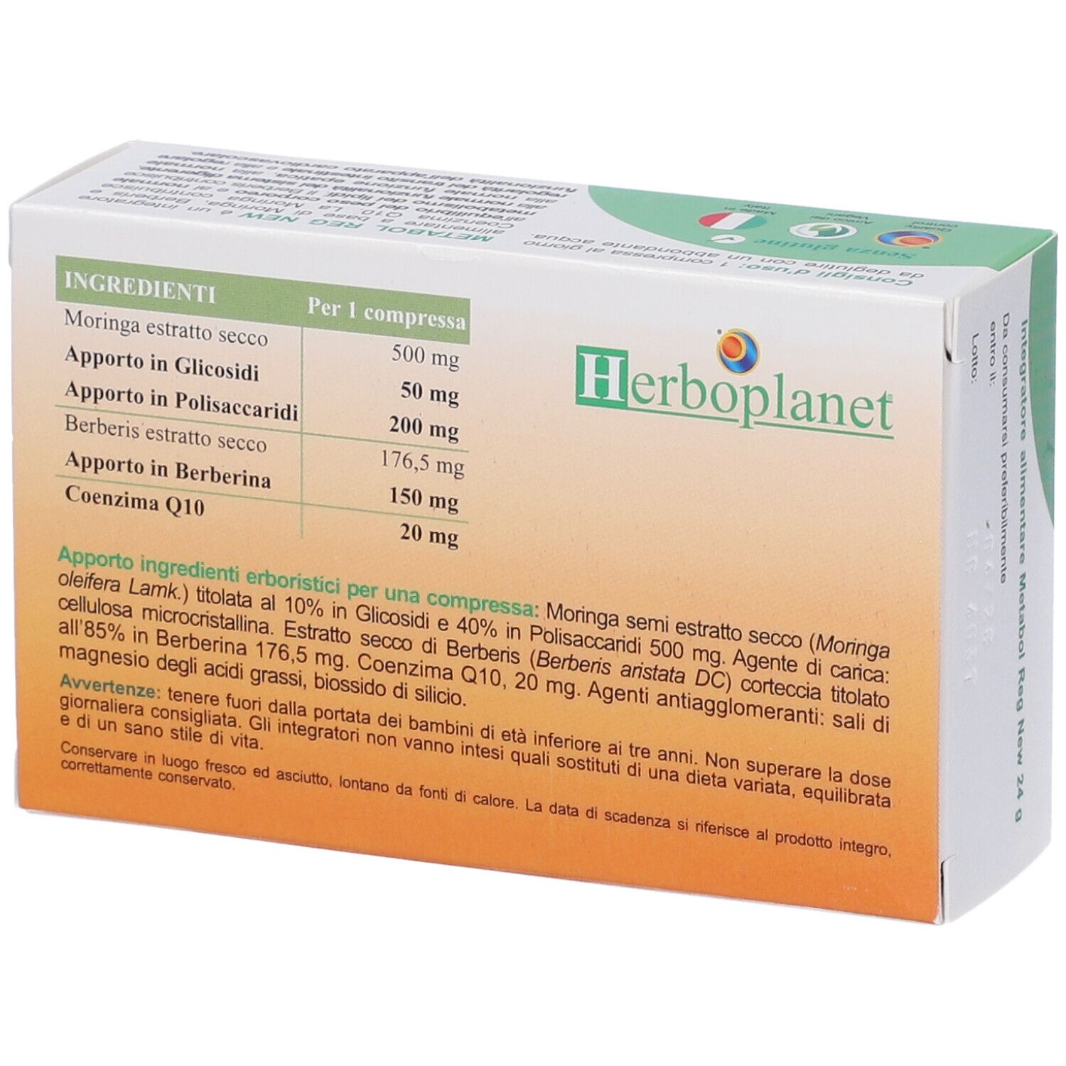 Confezione con informazioni sugli ingredienti. Marchio: Herboplanet. Ingredienti e informazioni nutrizionali per compressa.