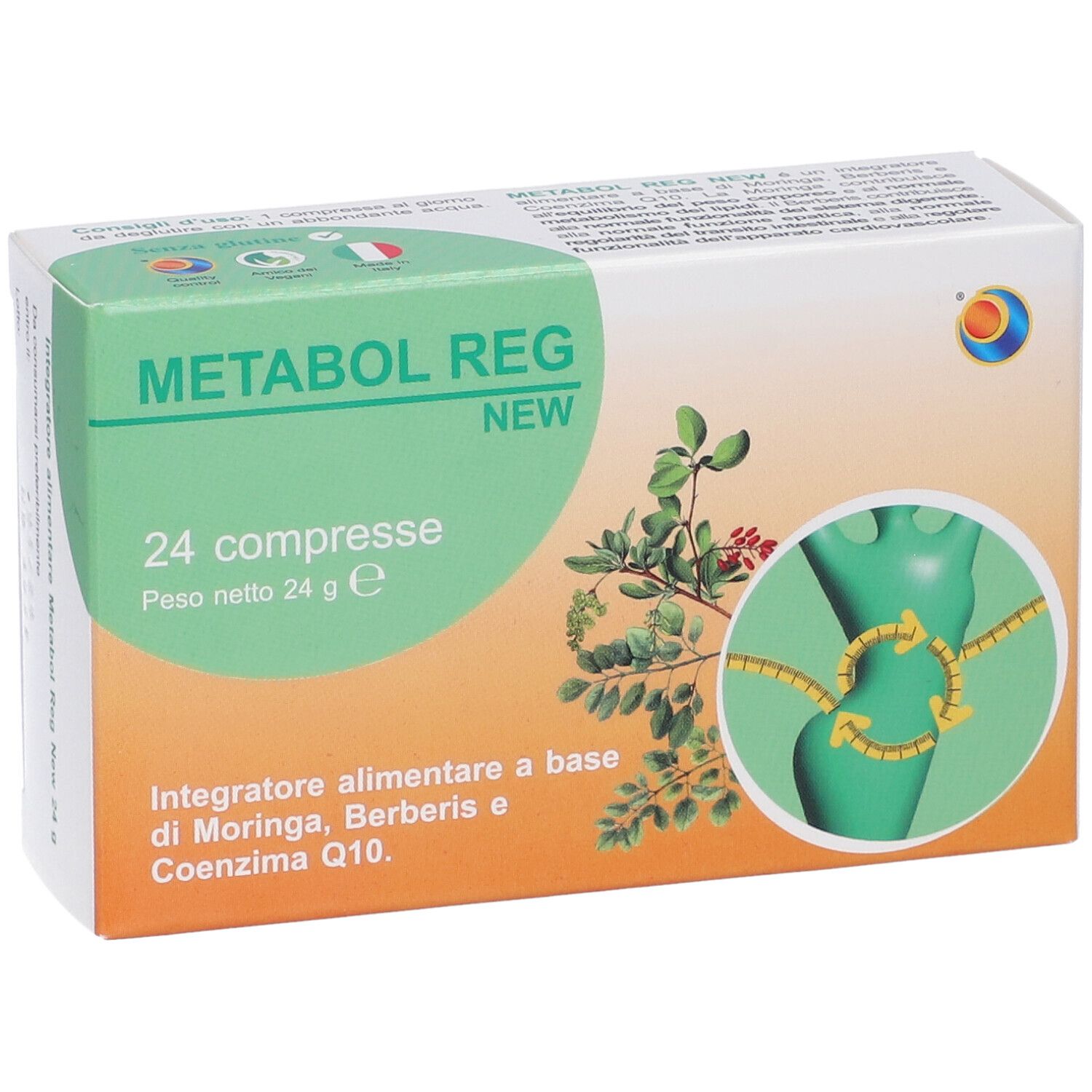 Scatola "METABOL REG NEW" con 24 compresse. Illustrazione di un corpo con un metro.