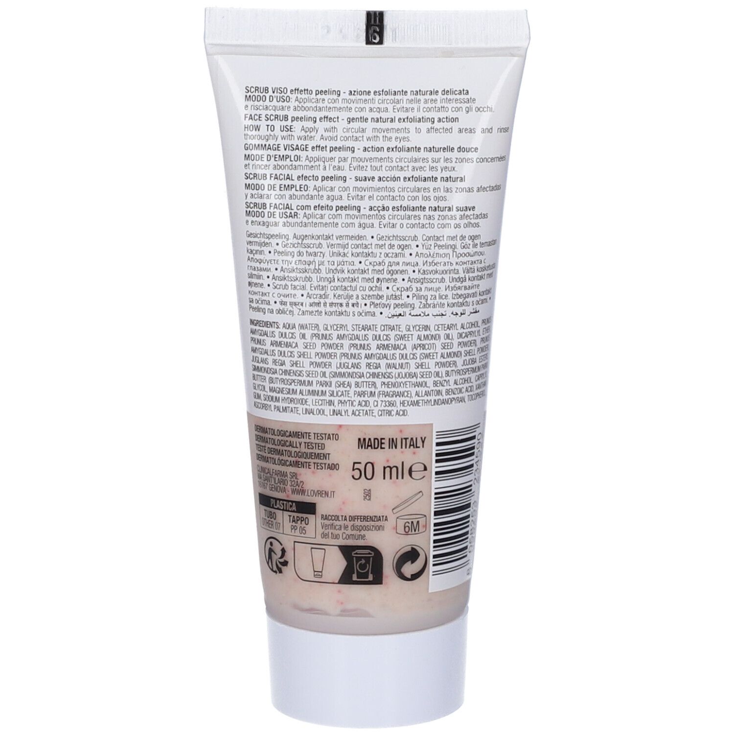 Rückseite der Tube. Text in mehreren Sprachen. Produktinhalt sichtbar. Aufschrift: 50 ml.