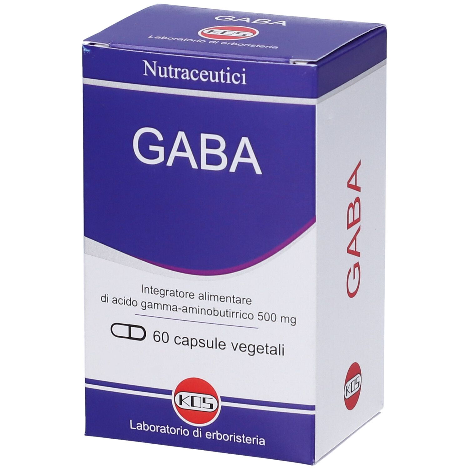 Scatola di capsule GABA. Confezione blu e bianca con nome del prodotto e logo. 60 capsule.