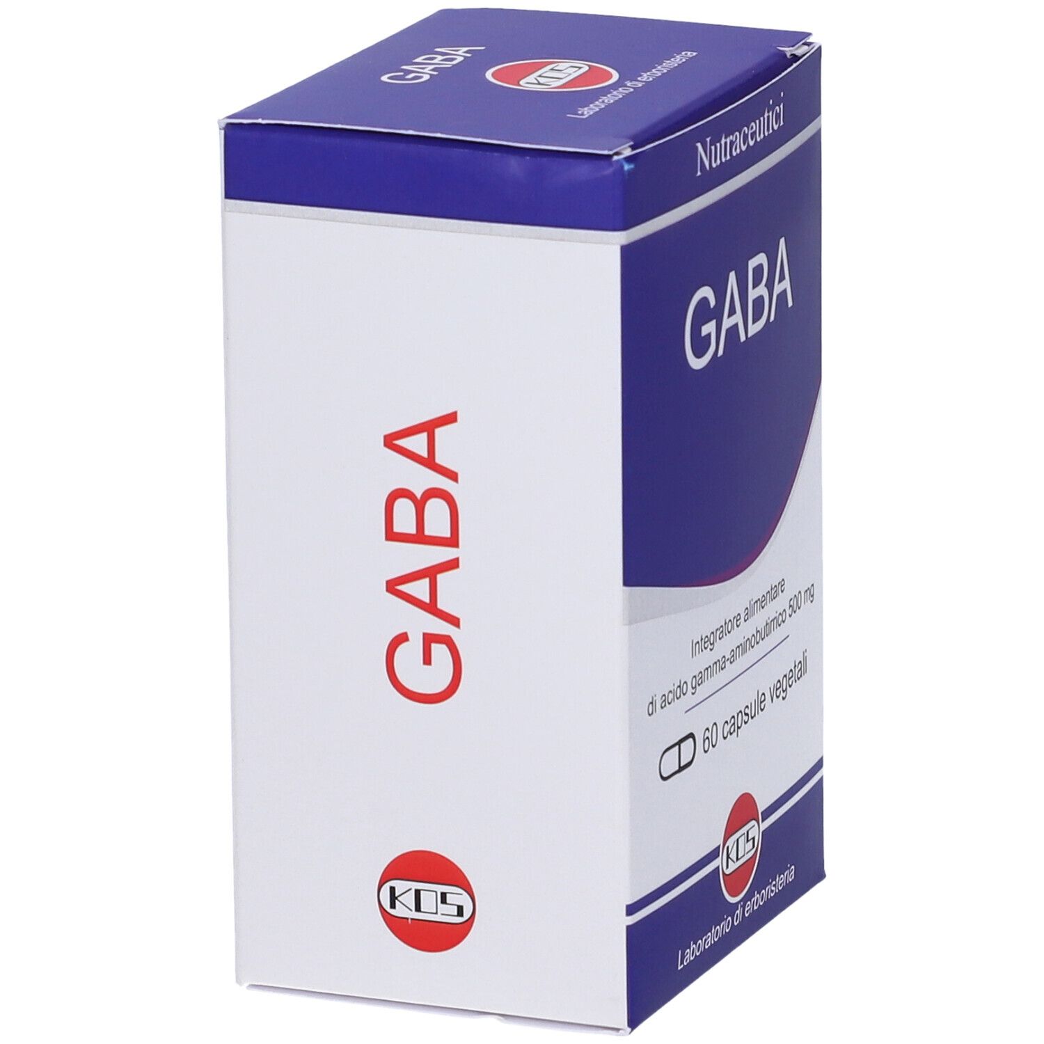Scatola di capsule GABA, vista laterale. Confezione blu e bianca con nome del prodotto e logo.
