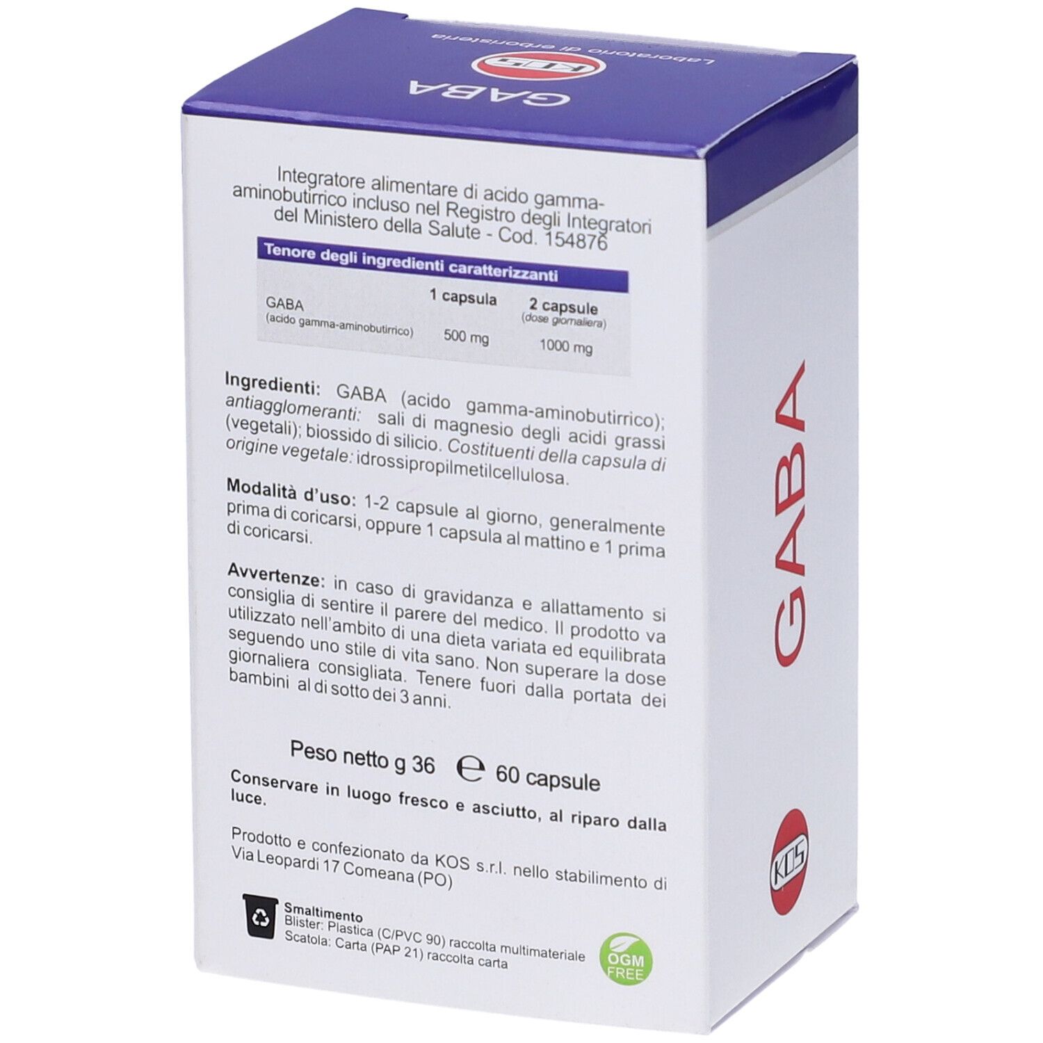 Retro della scatola di capsule GABA. Contiene informazioni sugli ingredienti e il dosaggio. 60 capsule.