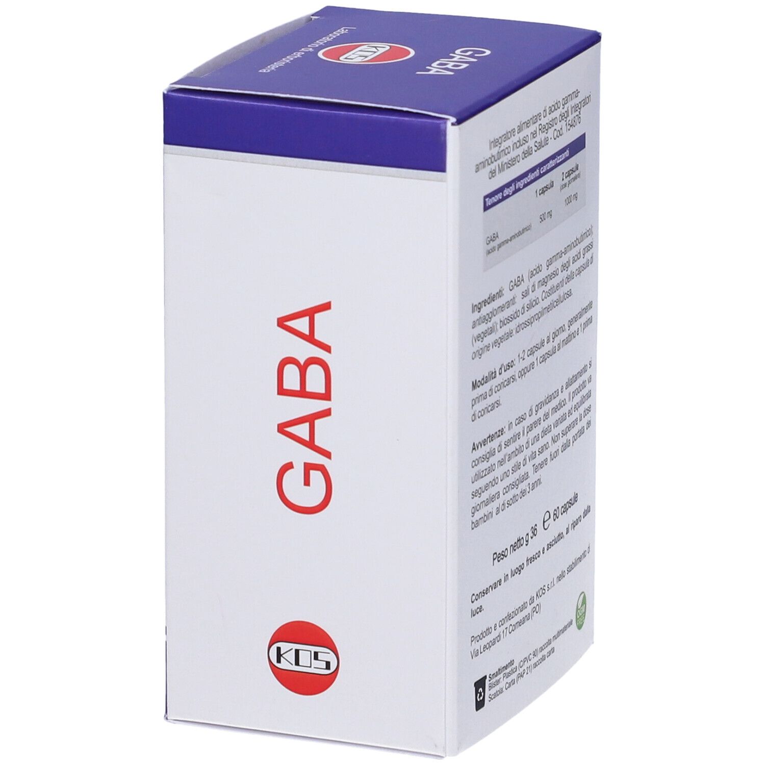 Scatola di capsule GABA, vista laterale con informazioni. Confezione blu e bianca con logo.
