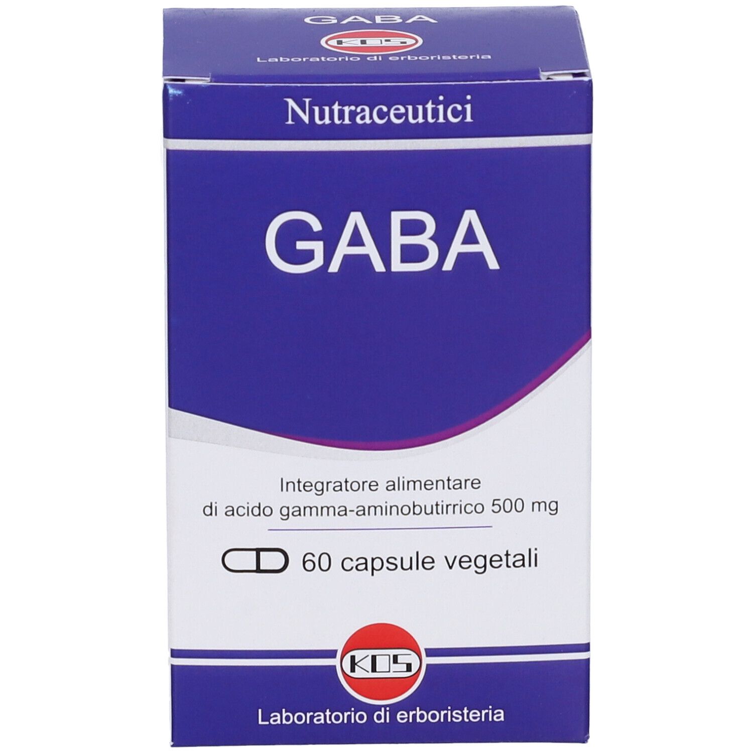Scatola di capsule GABA. Confezione blu e bianca con nome del prodotto e logo. 60 capsule.