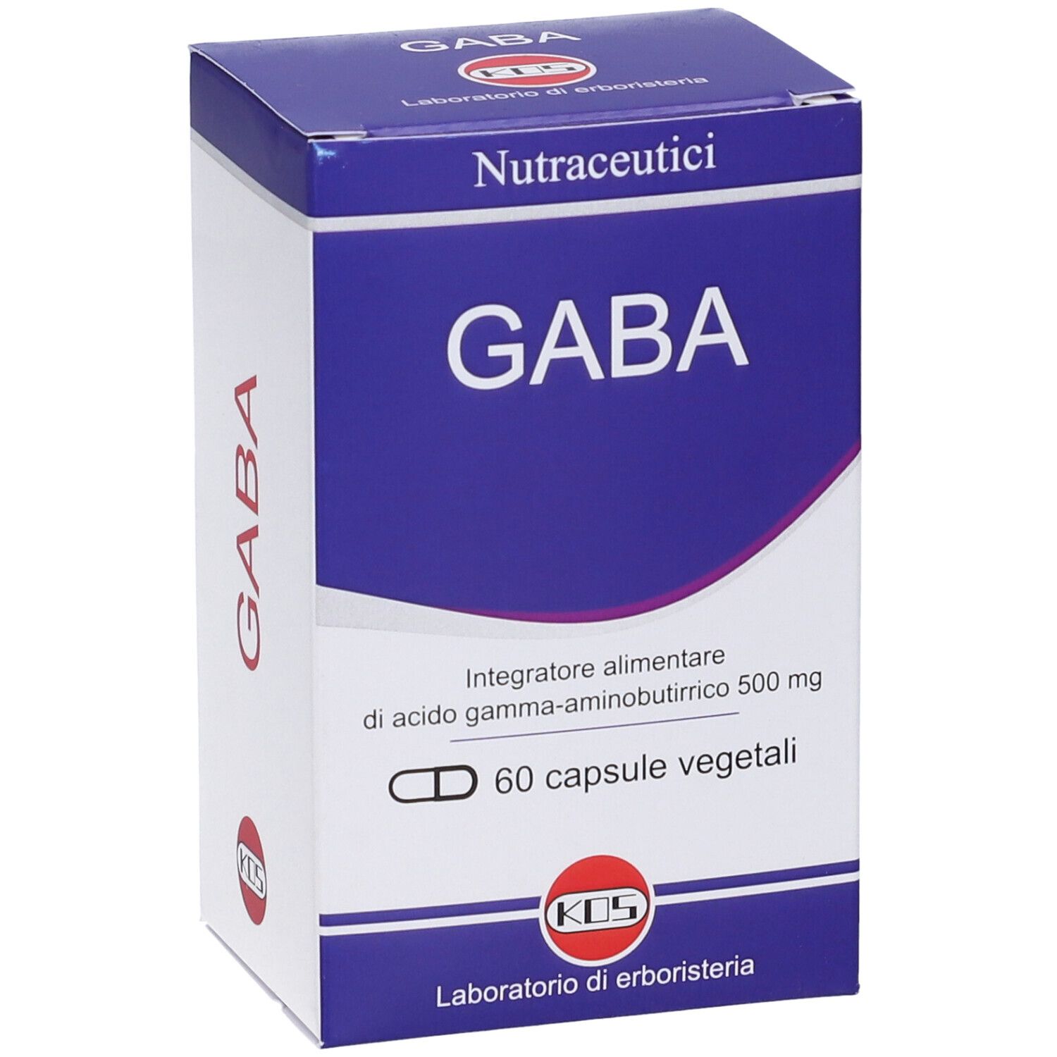 Scatola di capsule GABA. Confezione blu e bianca con nome del prodotto e logo. 60 capsule.