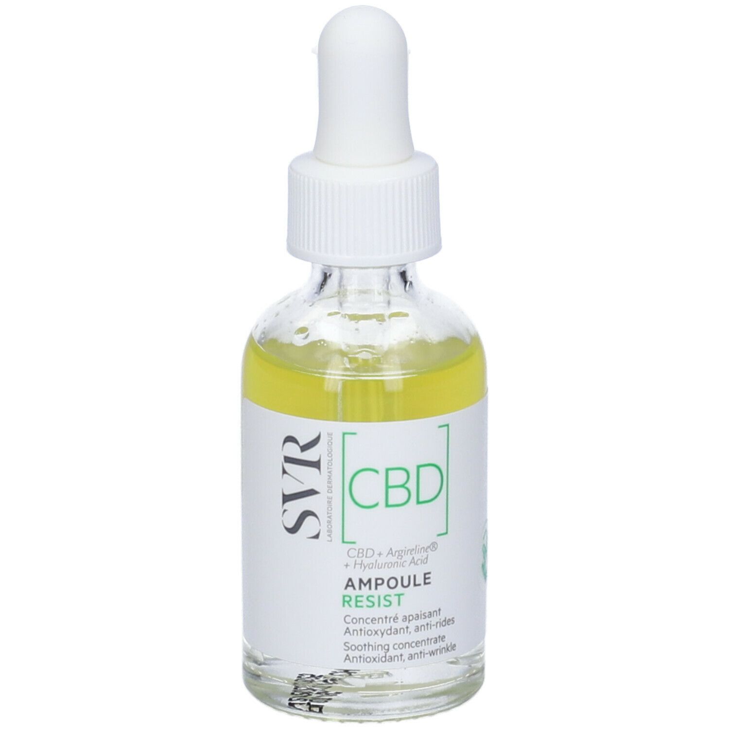 Flacone in vetro con liquido giallo e pipetta. Scritte: SVR, CBD, Ampoule Resist. Contiene CBD, Arginina e Acido Ialuronico. Confezione.