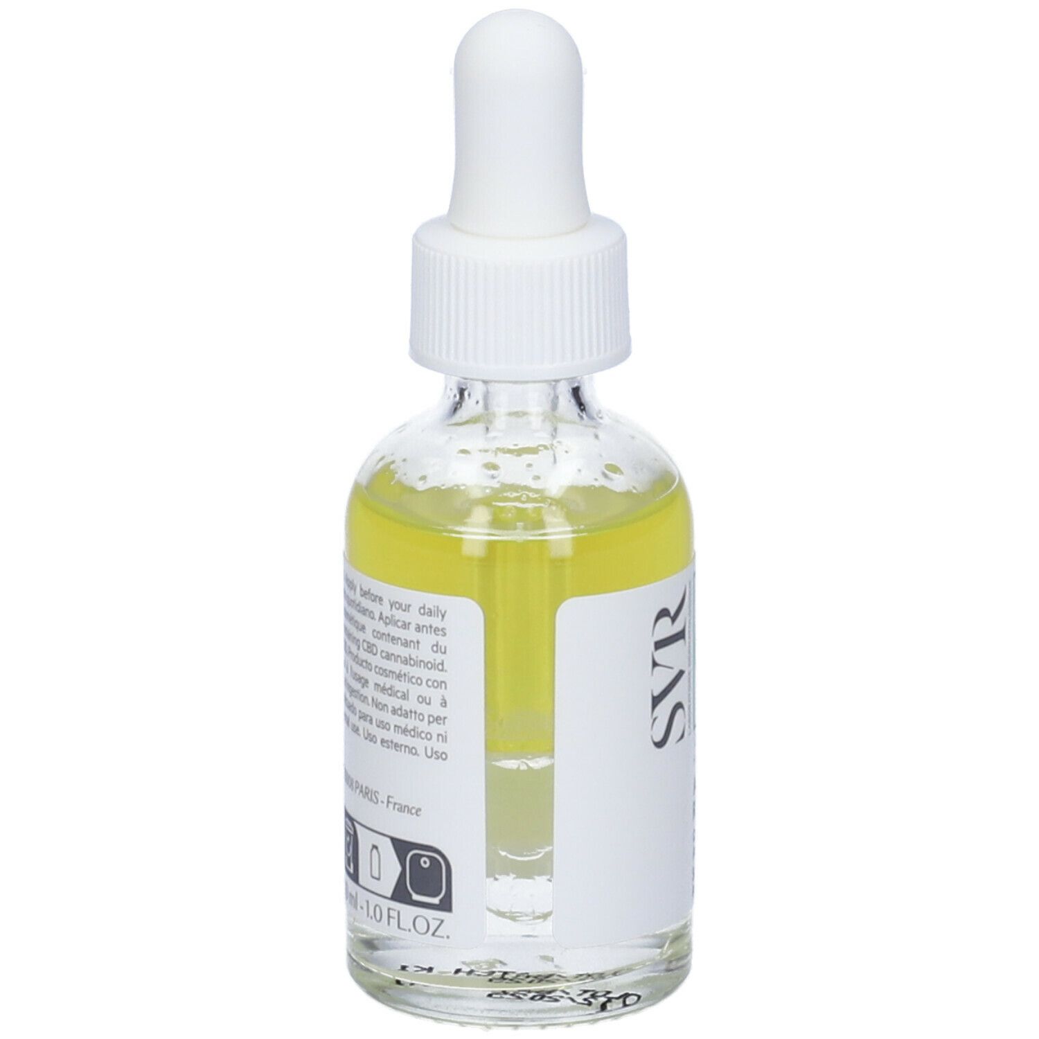 Flacone in vetro con liquido giallo e pipetta. Scritte: SVR, CBD, Ampoule Resist. Contiene CBD, Arginina e Acido Ialuronico. Retro.