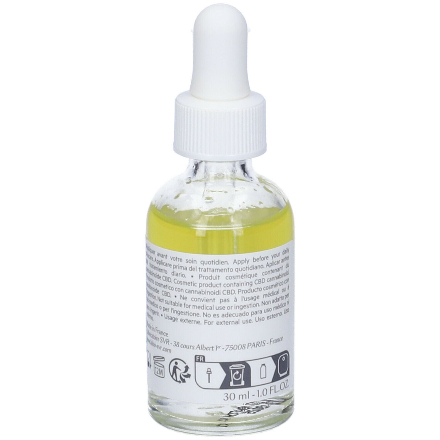 Flacone in vetro con liquido giallo e pipetta. Scritte: SVR, CBD, Ampoule Resist. Contiene CBD, Arginina e Acido Ialuronico. Retro.