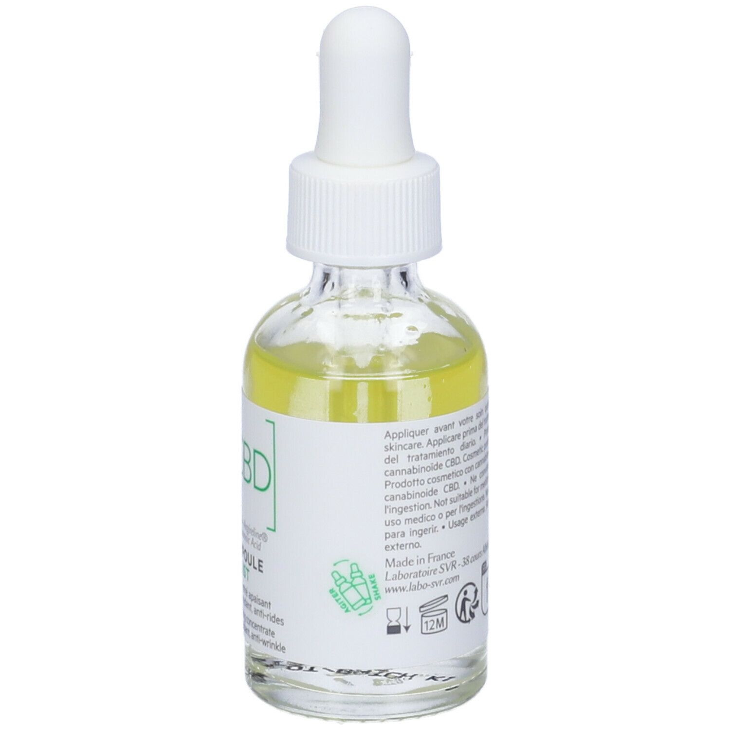 Flacone in vetro con liquido giallo e pipetta. Scritte: SVR, CBD, Ampoule Resist. Contiene CBD, Arginina e Acido Ialuronico. Retro.