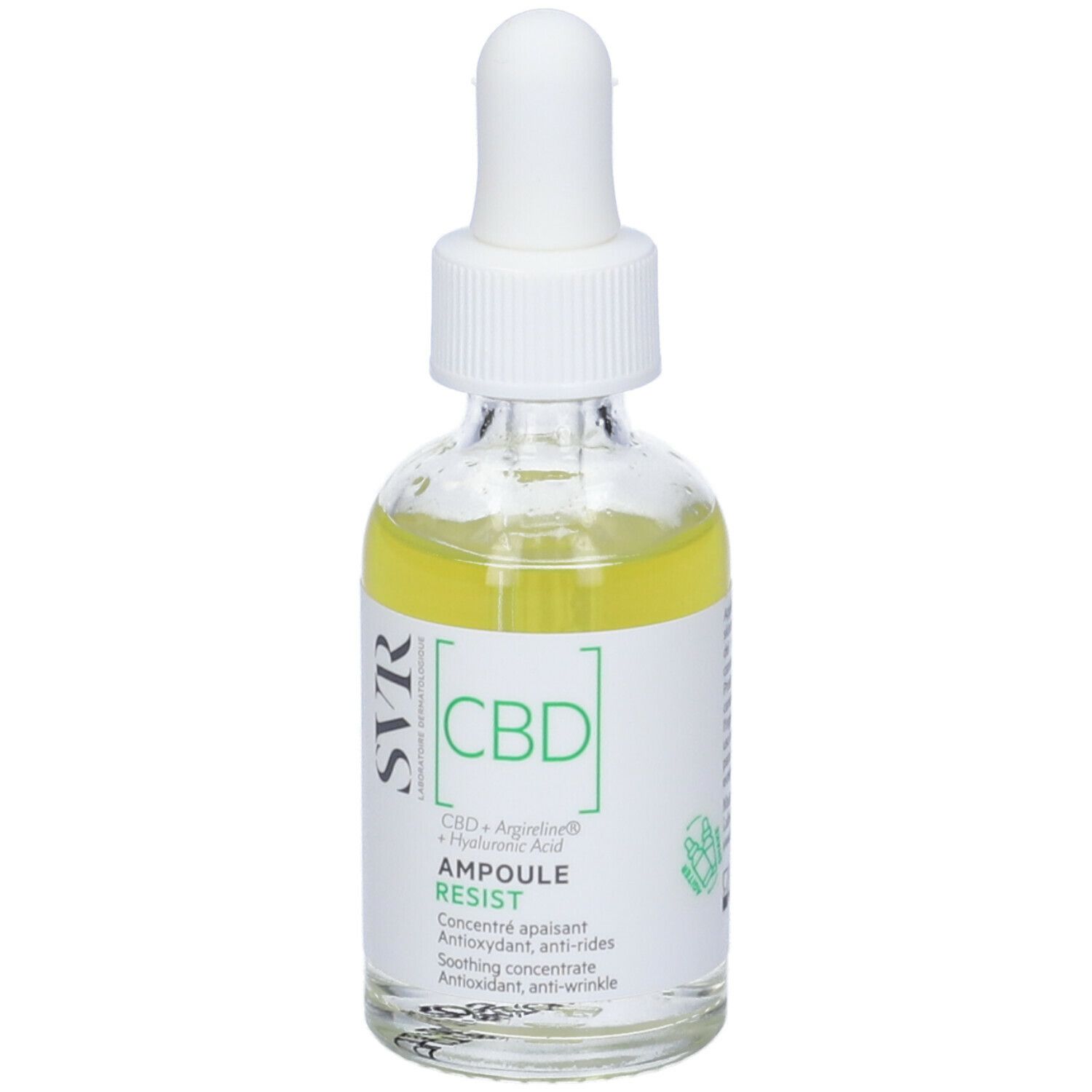 Flacone in vetro con liquido giallo e pipetta. Scritte: SVR, CBD, Ampoule Resist. Contiene CBD, Arginina e Acido Ialuronico. Retro.