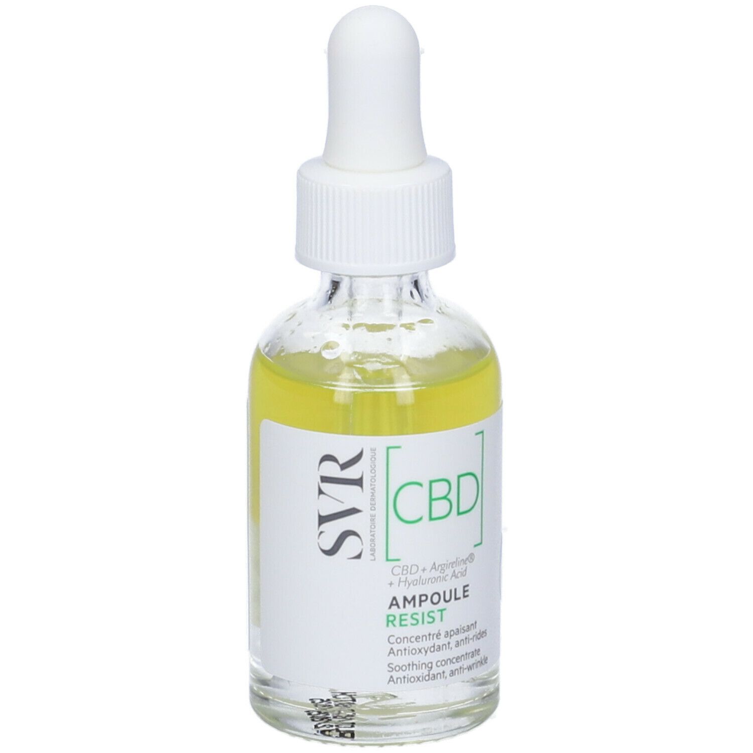 Flacone in vetro con liquido giallo e pipetta. Scritte: SVR, CBD, Ampoule Resist. Contiene CBD, Arginina e Acido Ialuronico. Retro.